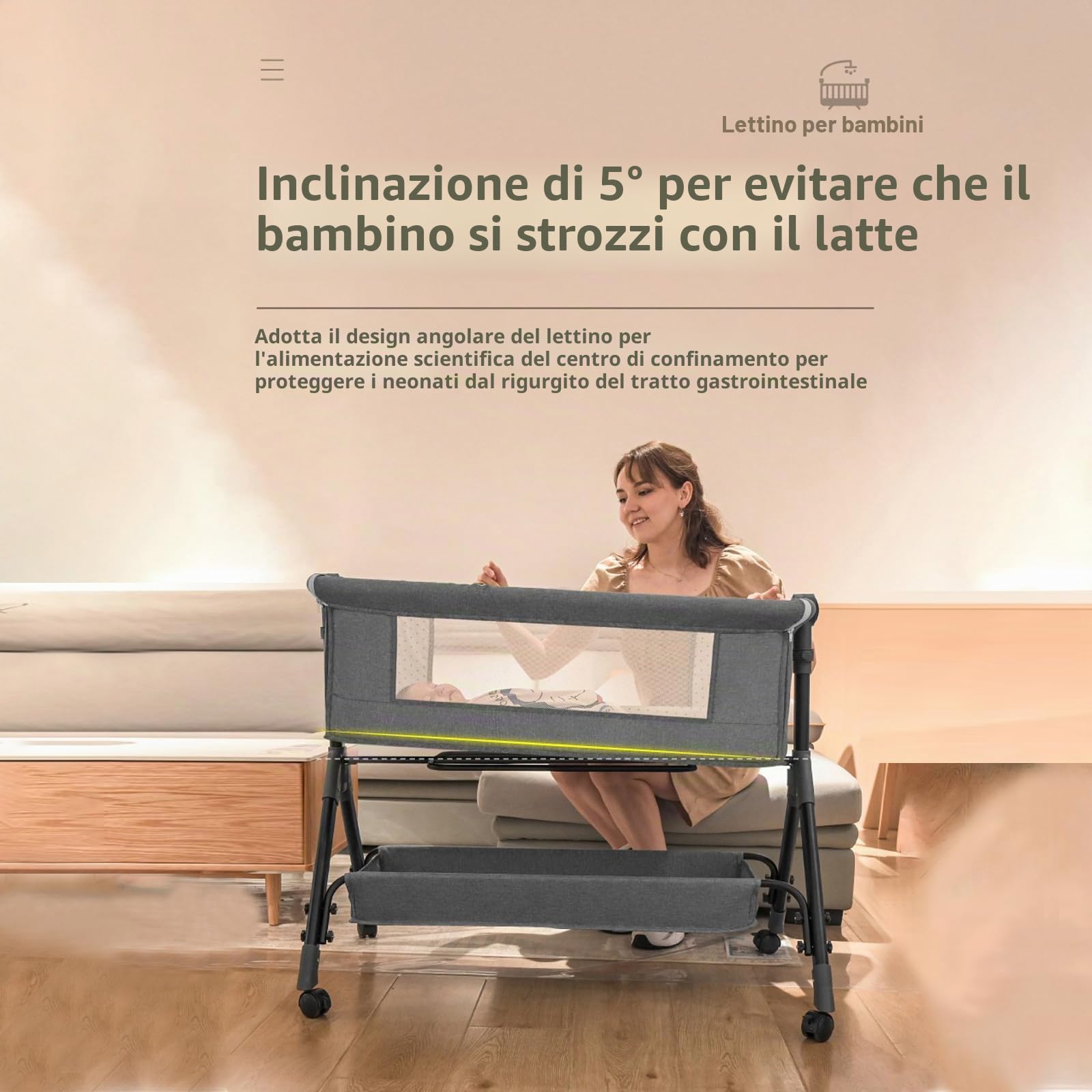 Lettino portatile da comodino, regolabile in altezza, con zanzariera, colore: grigio nero (grigio)