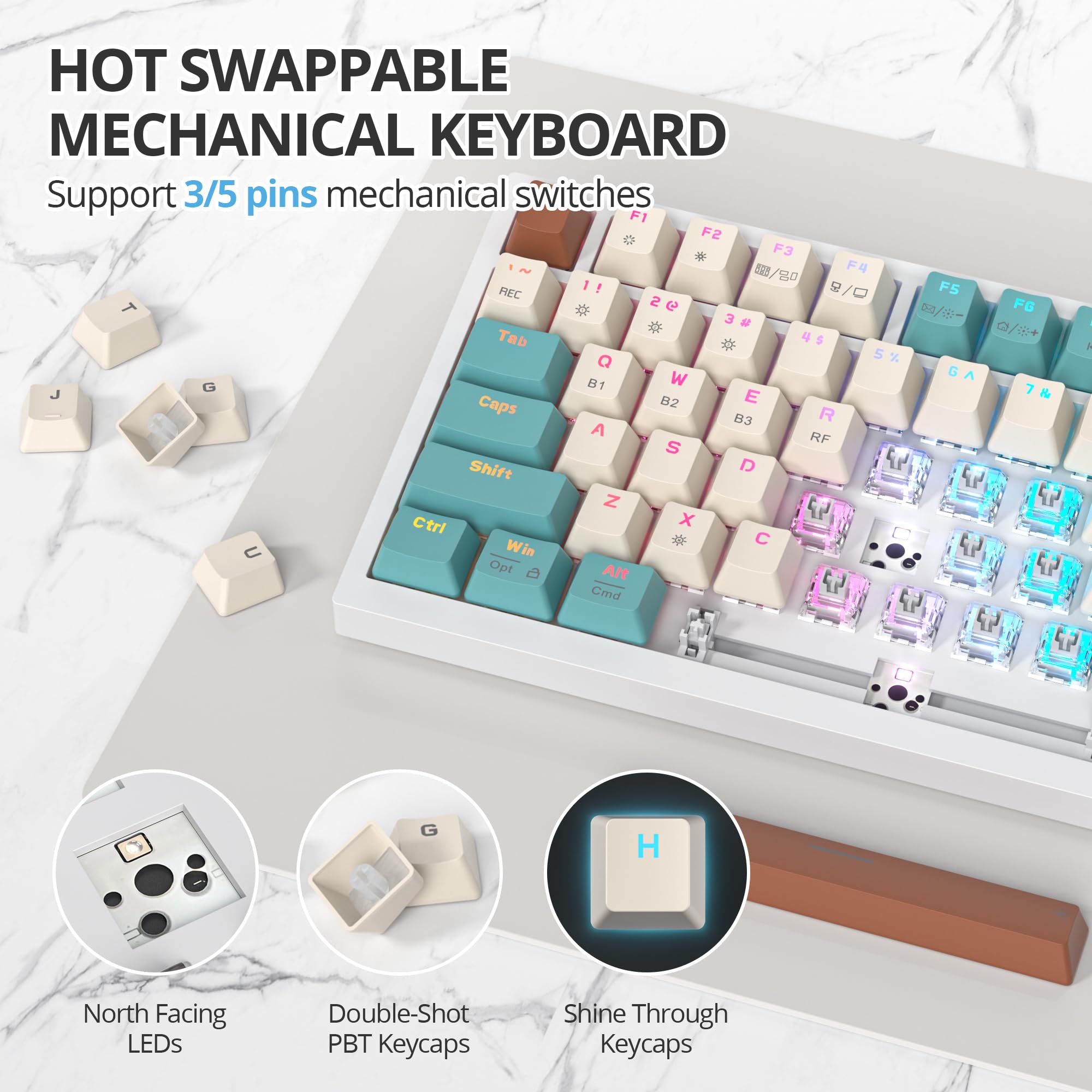 SOLIDEE tastiera gaming meccanica 75 percento con manopola,Bluetooth 5.0/2.4GHz/USB-C tastiera meccanica gasket,tastiera hot swappable,RGB Retroilluminata per Win Mac,Cream Grey Switch(82 Brown)