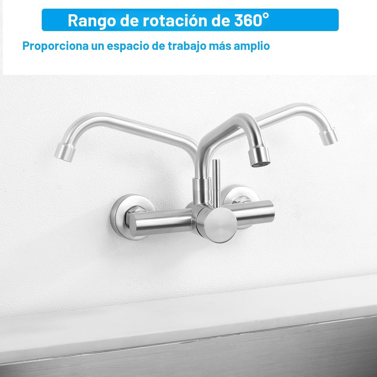 Grifo Cocina de Pared 15cm, Grifería de Fregadero Mural Giratorio a 360​°, Mezclador Monomando de Acero Inoxidable 304, Aireador Extraíble, Agua Fría y Caliente, Cepillado