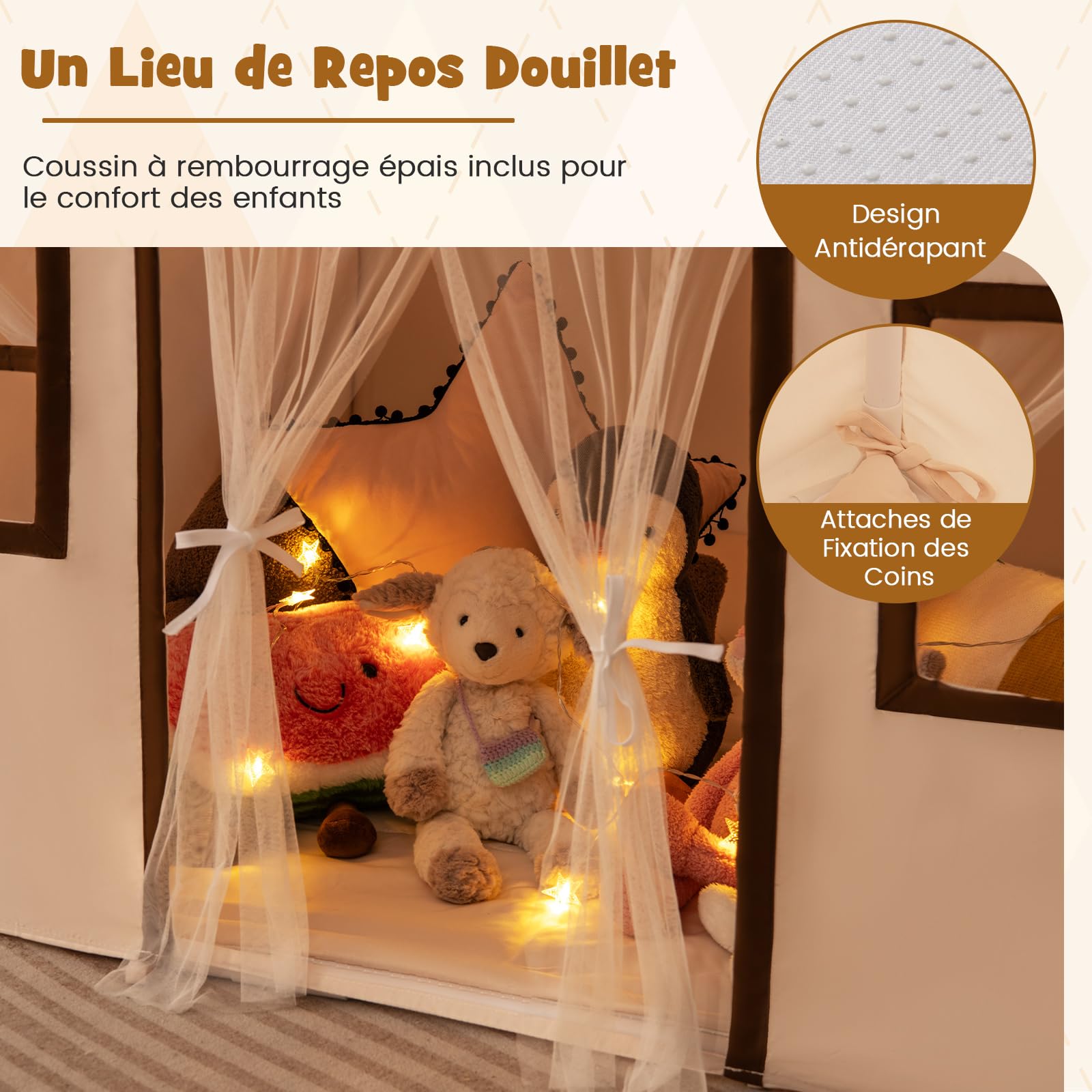COSTWAY Tente de Jeux Enfant avec Guirlandes Lumineuses & Drapeaux, Cabane Enfant Interieure avec 3 Fenêtres & Tapis Antidérapant, Rideaux en Maille, Style Princesse pour 3 Enfants de 3-14 Ans