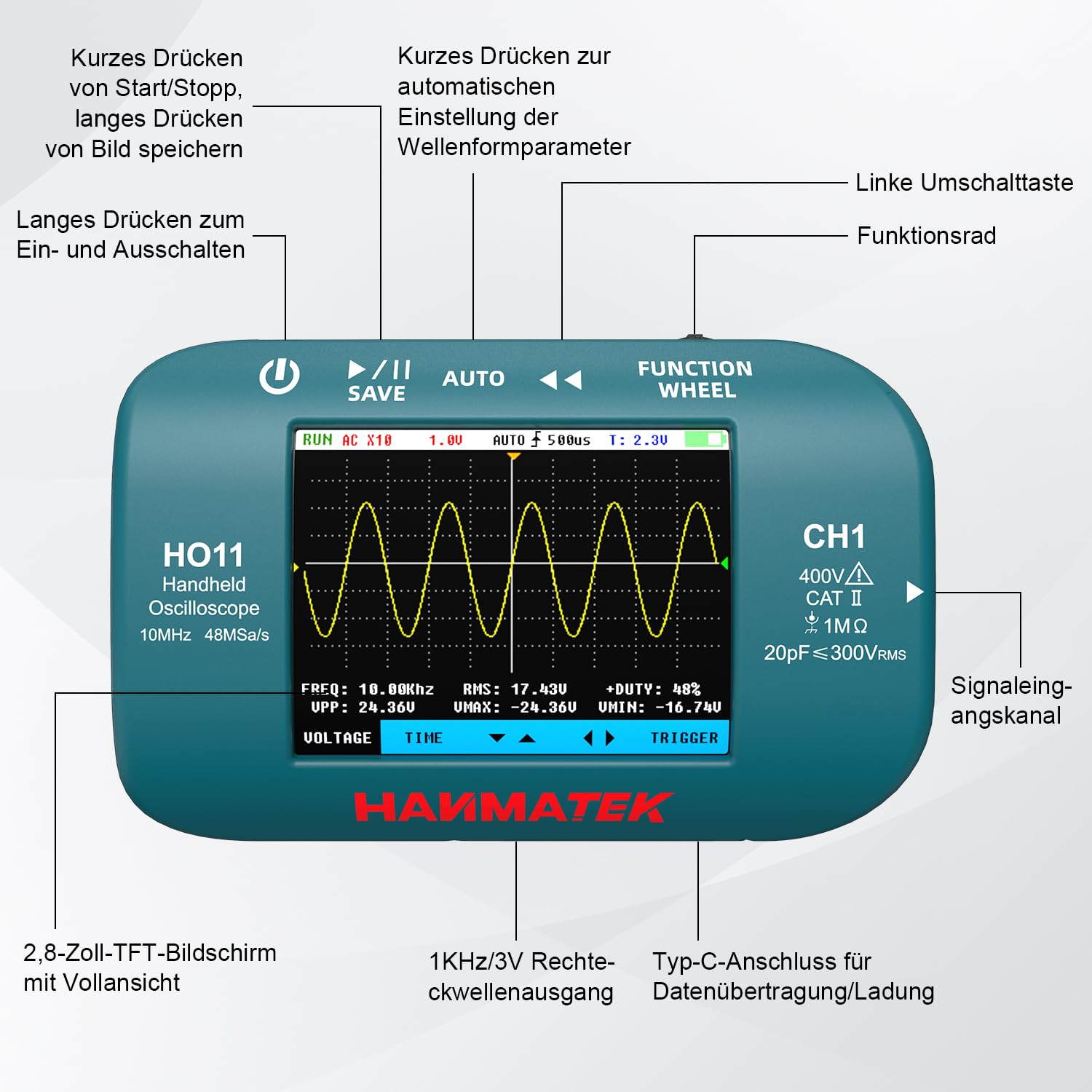 HANMATEK HO11 Handheld Digital Oszilloskop - 10MHz Bandbreite, 48MSa/s Hochpräzisionsabtastung, 2.8“ TFT Display, USB aufladbar, fortschrittliches Triggersystem, tragbar für Feldarbeit