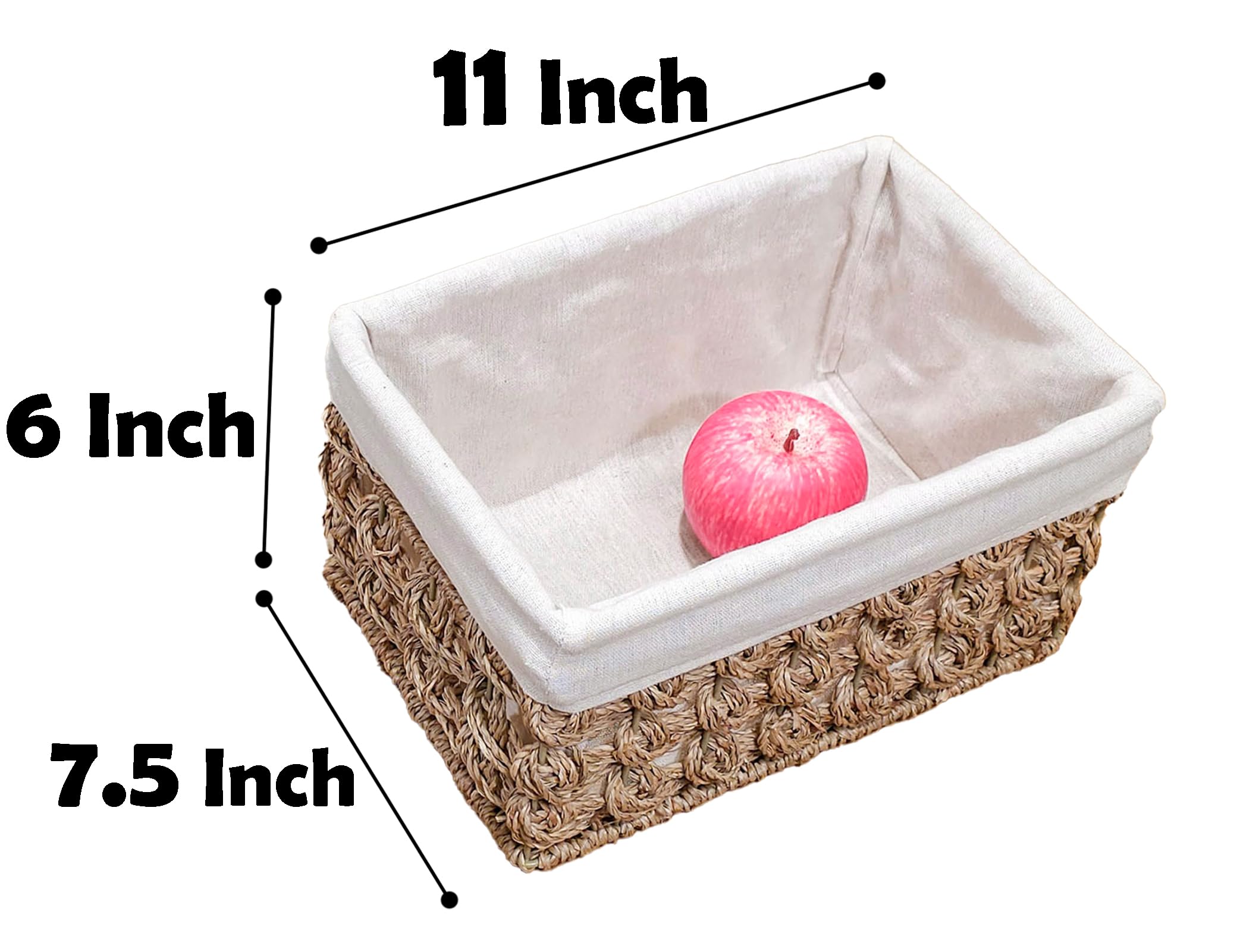 Ellinia Cesto portaoggetti in vimini, cestino in alga marina per organizzare con fodera, cesto rettangolare intrecciato a mano per mensole, 27 x 19 x 15 cm, confezione da 3 pezzi, colore alghe