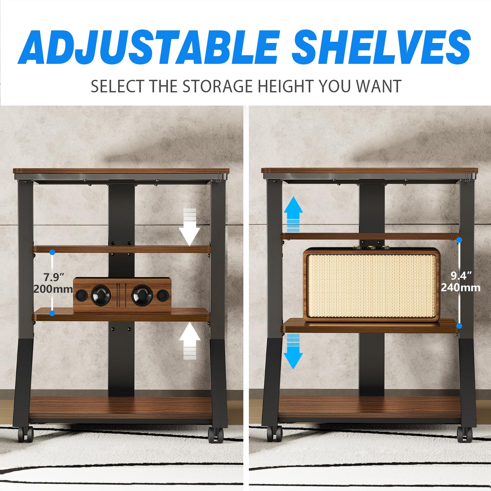 5Rcom Étagère HiFi avec Support Audio 4 Niveaux Capacité de Charge 54 kg | En bois Pour tourne disque Lecteur DVD Multifonctionnel Hauteur réglable 63,5 × 45,1 × 85,7 cm
