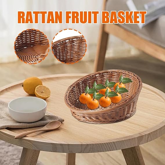 Slanted Woven Basket | Wicker Basket Kitchen Bread Fruits Display | Daily Life Use Keys Wallets Organizer Tray Artificial Rattan Bowl for Picnic, Bakery
