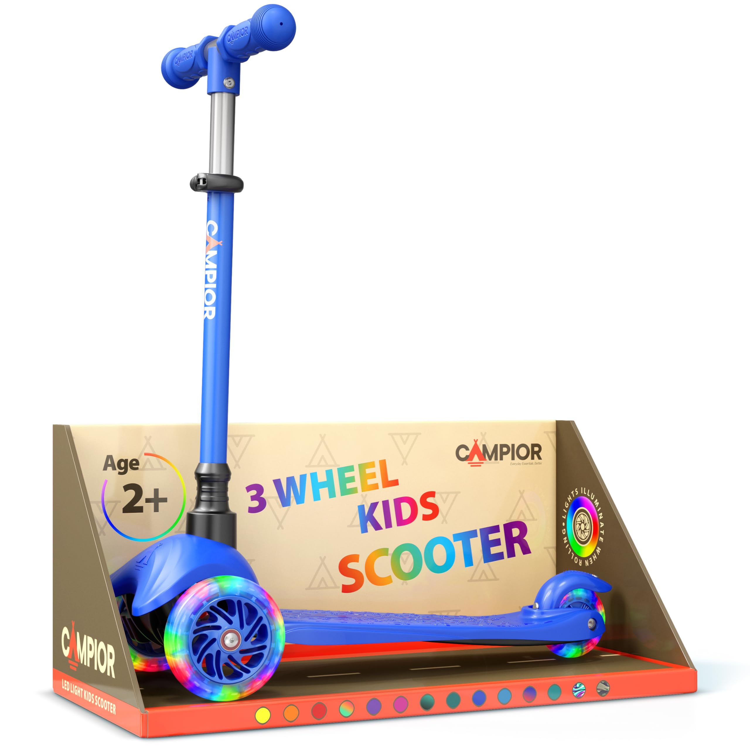 Blue Mini 3 Wheel Scooter for Kids – Lean-to-Steer with LED Light-Up Wheels, Adjustable Handlebar, Wide Anti-Slip Deck, Smooth PU Wheels, Rear Foot