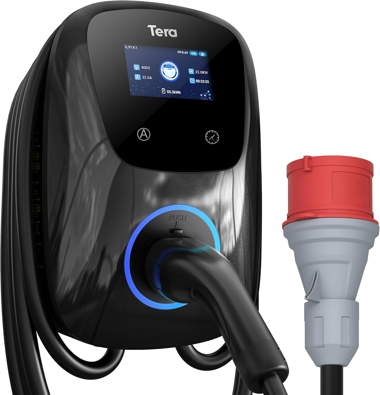 Tera EV Caricabatterie con Smart App 32A Tipo 2 11KW o 22kW 400V CE e TUV Wallbox Cavo di Ricarica 7 Metri Staffa Caricabatterie Controllo Applicazione&Spina trifase CEE - Nero W01