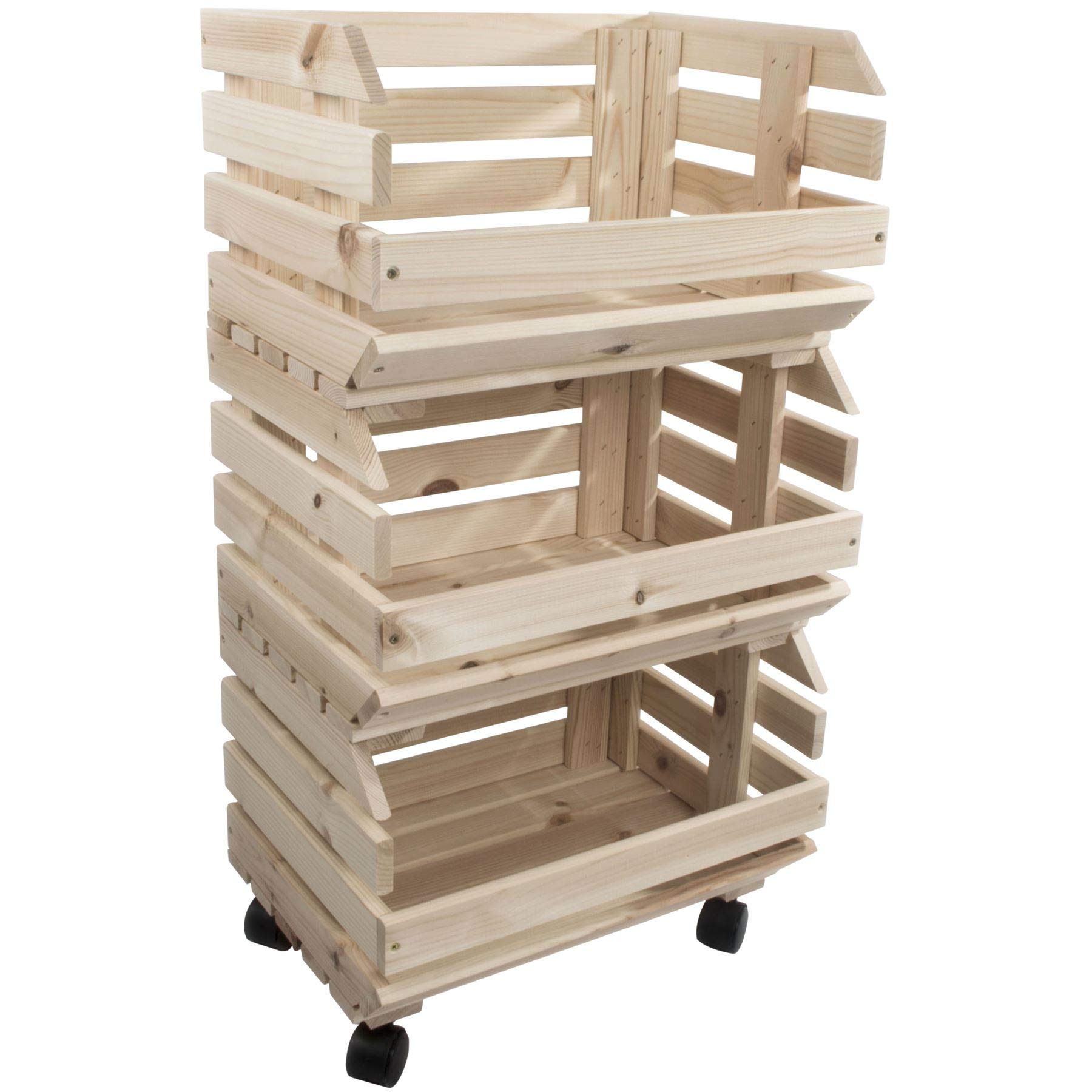 Woodeedoo Natural 3 Tier Wooden Vegetable Food Storage Rack | Multi-Purpose Assembled Storage Box | Display Shelf Unit Trolley | Fruit Basket Kitchen Stand| Utility Stackable Potatoes Onions Container