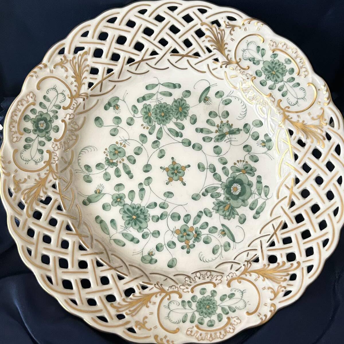 一級品 マイセン インドの華 透かし編み プレート グリーン 箱あり 未