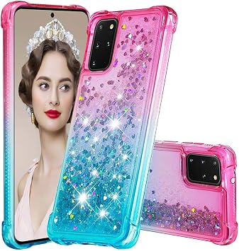 QIWEIQING Compatible for Glitter Liquid Case for Samsung Galaxy S20 Plus, Sparkle Sequin Floating Quicksand Solid Love TPU Shockproof Protective Cover for Samsung S20 Plus.Pink Blue YBJ