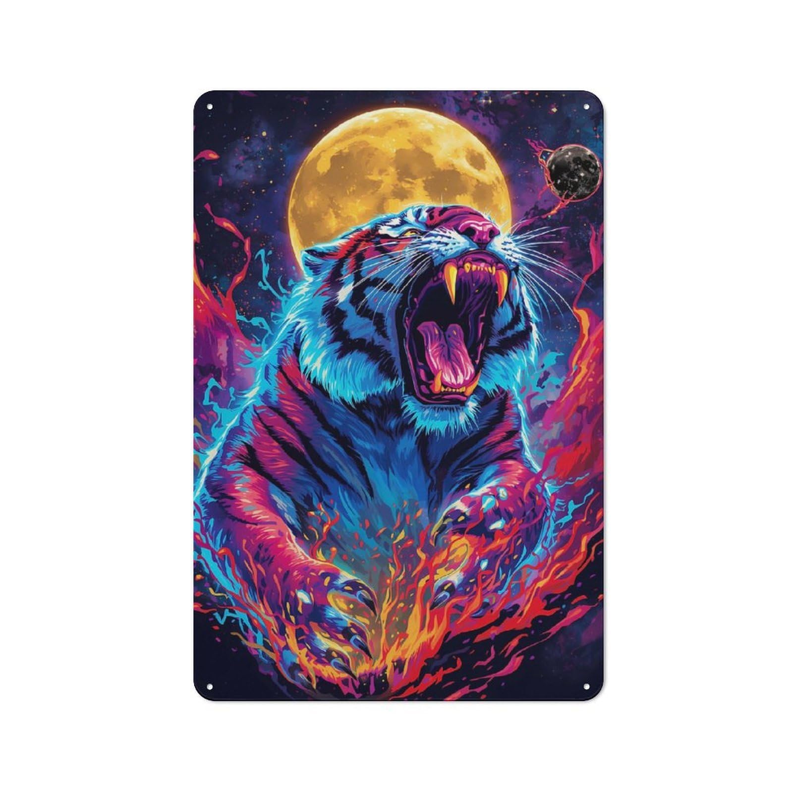 Junmoney Roaring Tiger With Moon And Flames Tin Wall Plaque 30X20cm With For Man Cave Or Games Room, For Garage, Workshop And Man Cave Decoration