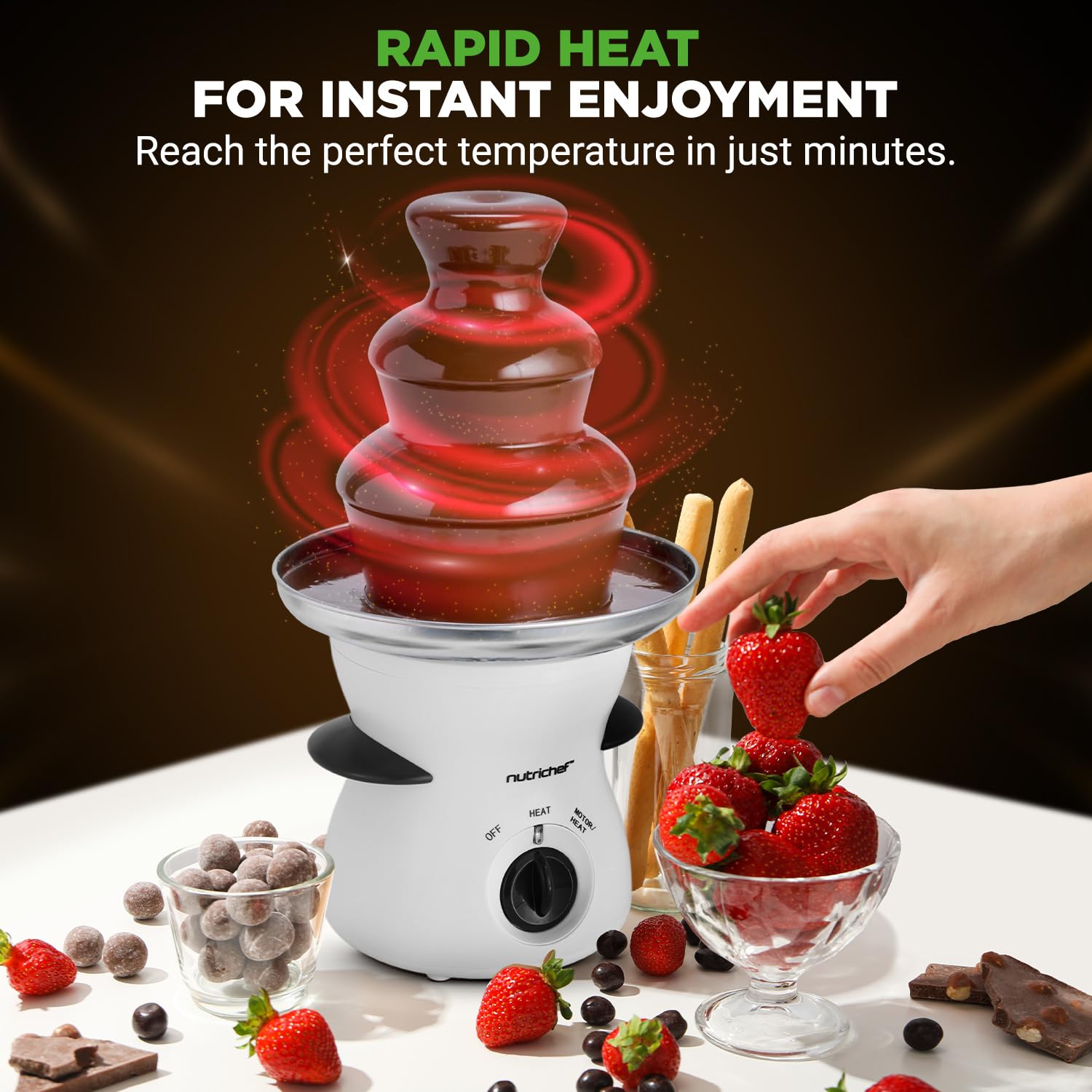 "NutriChef Fontana Fonduta Cioccolato Elettrica 3 Livelli, Sciogli Cioccolato, Dolci, Scalda, Piano Cucina Facile Pulizia, per Fragole, Marshmallow, Burro e Formaggio e Frutta, Bianco "