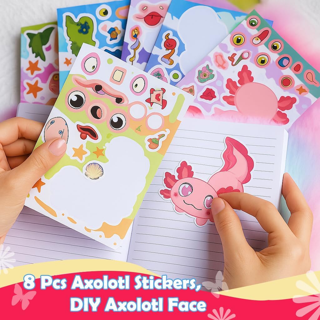 Axolotl Diary Kit with lock,Axolotl Gifts,Set for Girls,Secret Diary Journal Notebook,Plush Carrier Bag,Multicolored Pen,Cute Keychains,Stickers,Idea Birthday Gift For Girls 5 6 7 8 9 10-12 Years Old