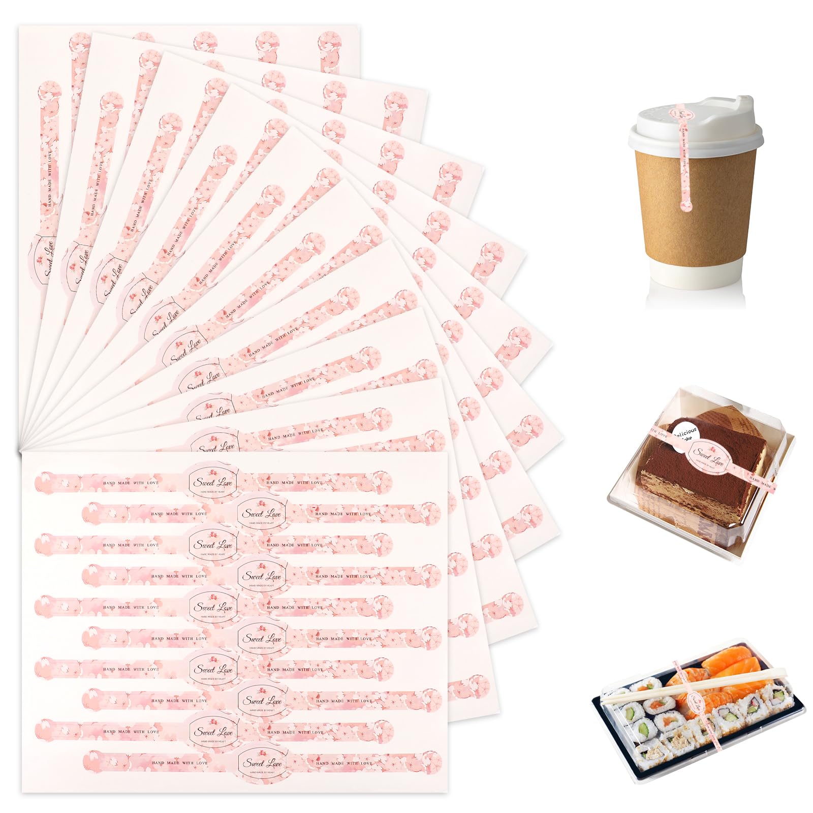 200PCS Handmade Food Baking Seal Stickers Self Adhesive Bakery Stickers Pink Cherry Blossoms Long Labels Food Sealing Tamper Proof Labels for Pastry Bags, Cake, Candy, Lollipops