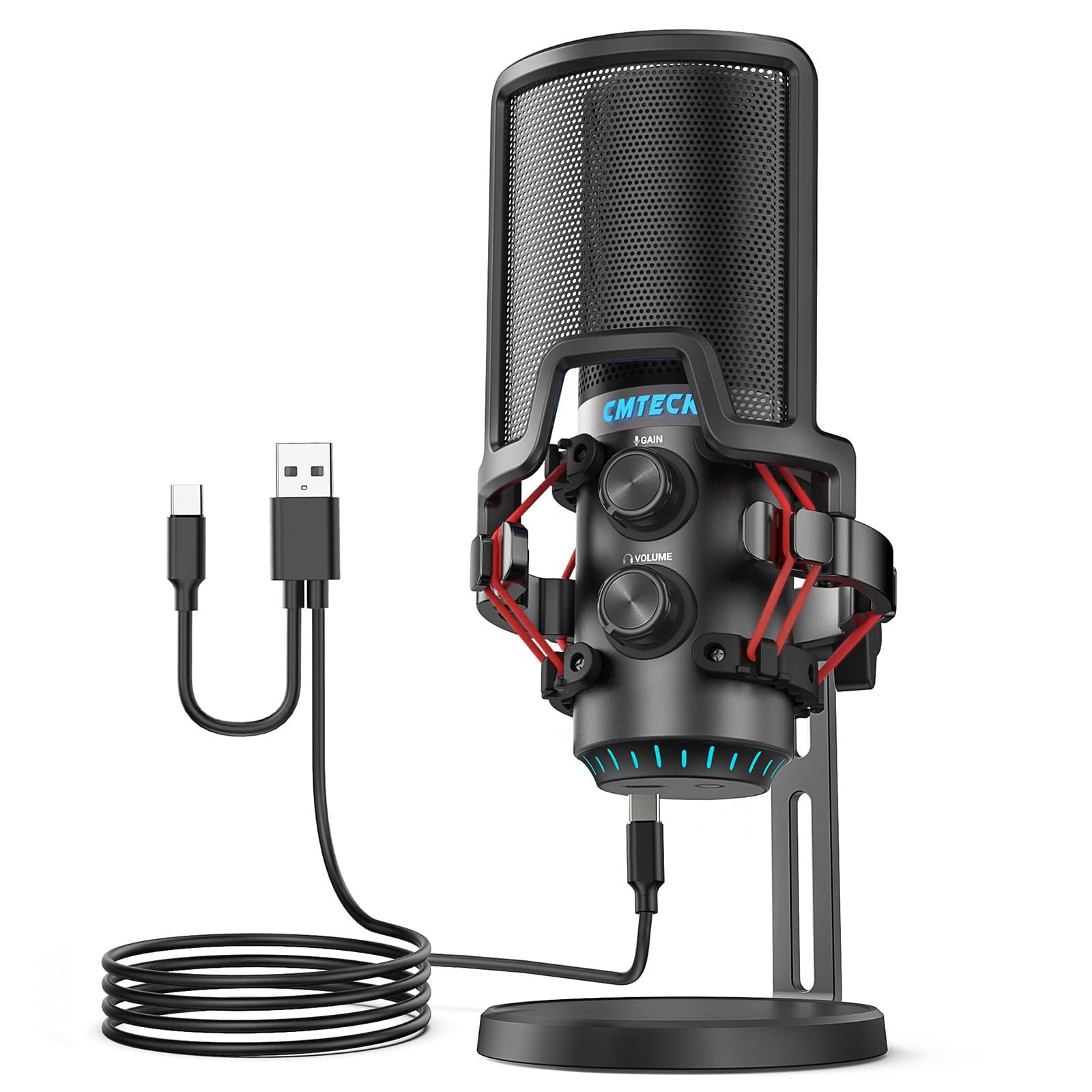 CMTECK USB Microphone for PC, Condenser Mic for Streaming, Podcasting, Video, Meeting, Gaming, Gain Control, Monitoring Headphone Jack, Anti-Vibration Shock Mount and Pop Filter (Posh Black)