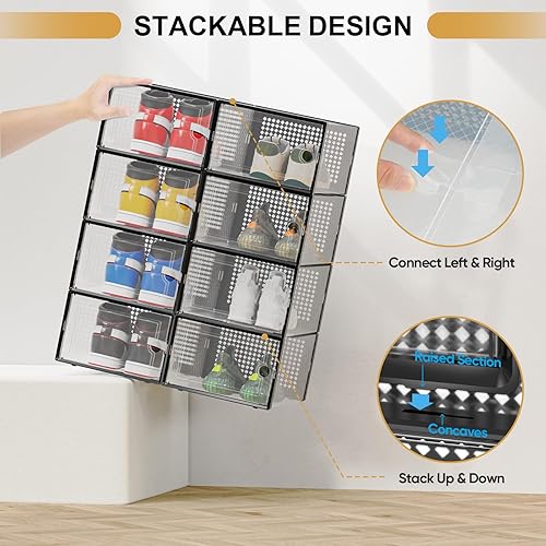 Miniatura 4 de BALEINE Paquete de 12 cajas grandes de almacenamiento de zapatos, cubos organizadores de zapatos transparentes apilables, contenedores de plástico