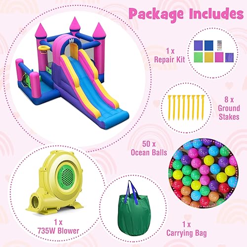 Miniatura 4 de HONEY JOY Casa inflable de rebote con soplador de 735 W, casa inflable de salto 7 en 1 para niños con tobogán, pared de escalada, pozo de bolas de