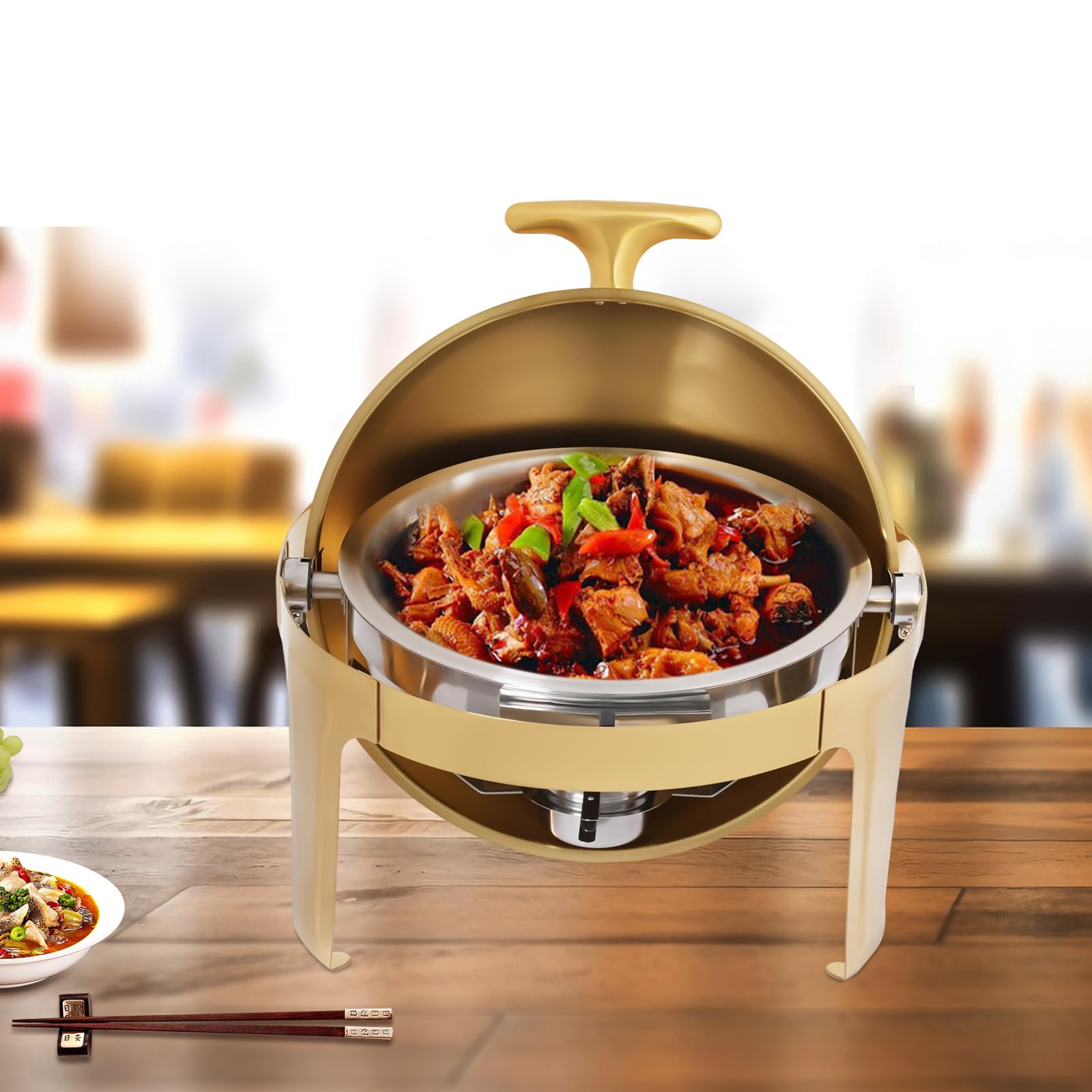 Juego de calentador redondo para buffet con tapa, sartén de vidrio para alimentos, bandeja de agua y soportes de combustible para eventos de catering