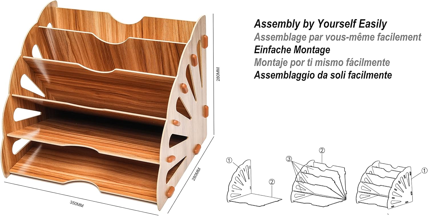 EXERZ Wooden Filing Trays, Large Wood Office Desk Stationery Expanding File Organiser Rack Tray Holder Divider for A4 Paper - Image 3