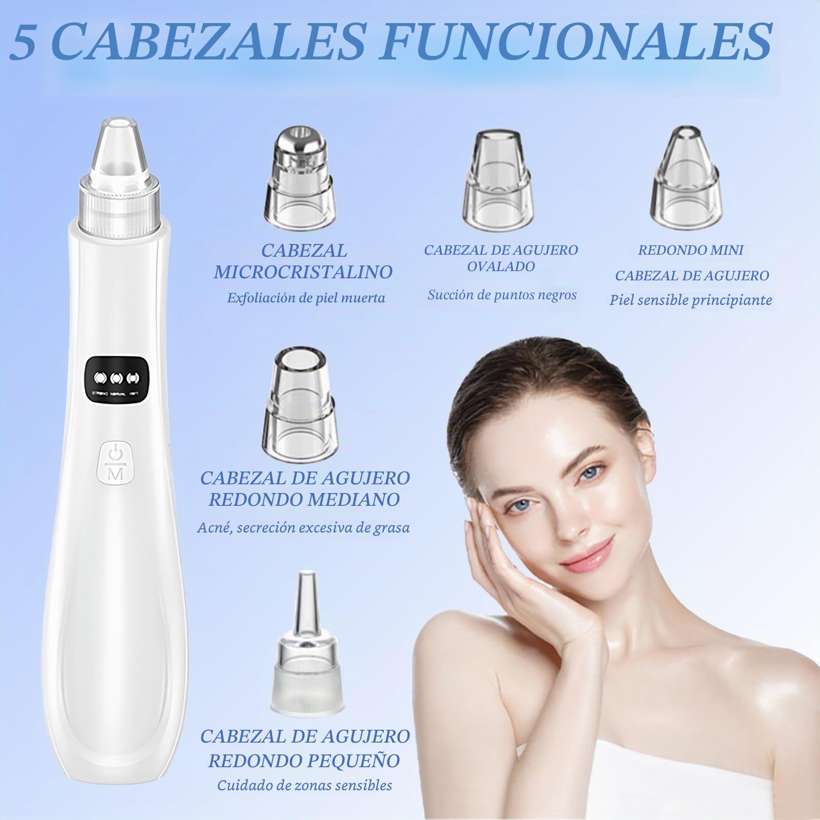 Succionador de Puntos Negros Removedor, Limpiador de Poros Eléctrico, Limpia Poros Blackhead Remover Vacuum Pore Cleanser Facial, Aparato para Quitar Acne con 3 Modos y 5 Cabezales