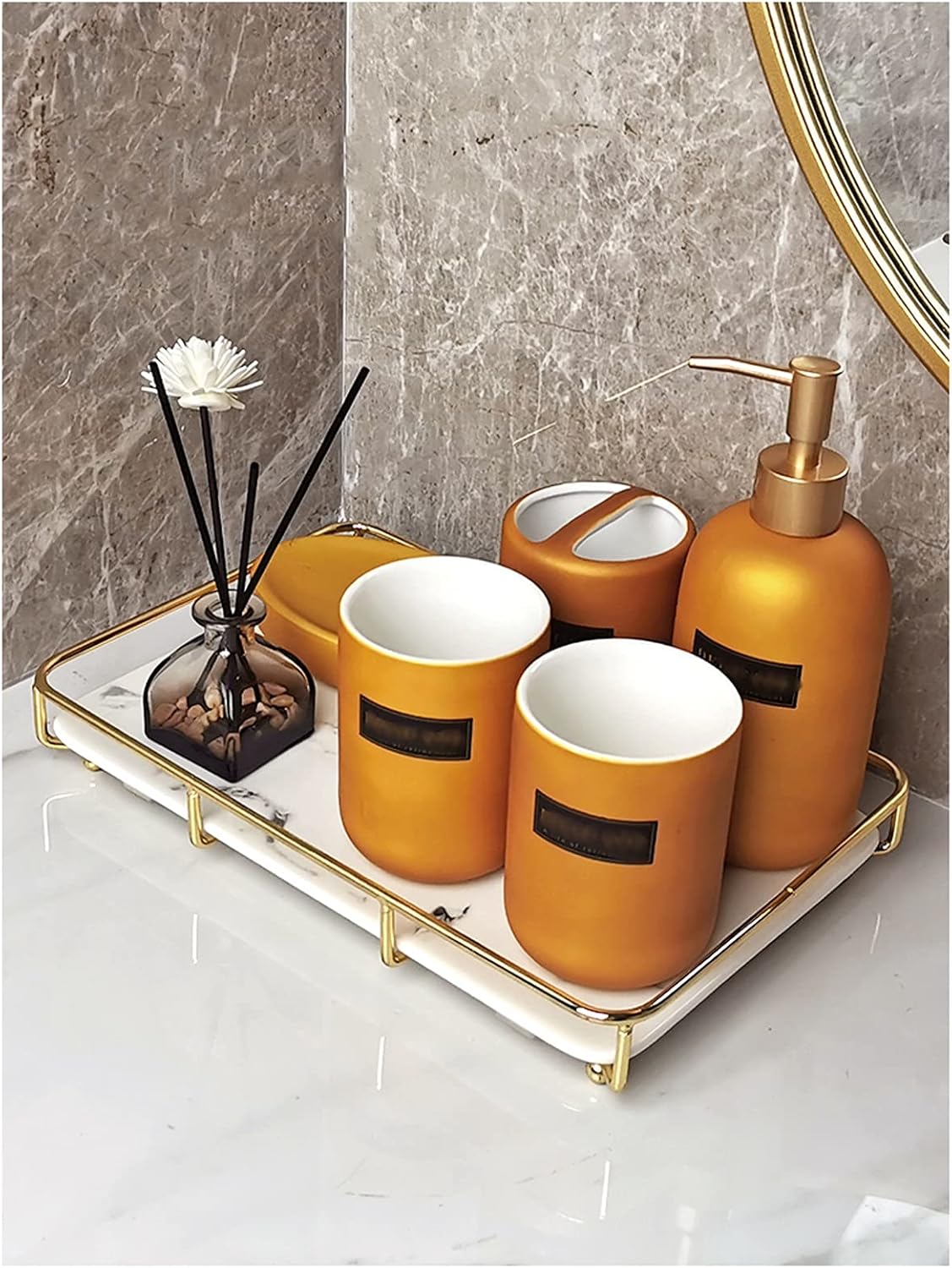 Soap Dispenser Matte Ceramic 6-Piece Soap Dispenser Couple Wash Set Family Hotel Bathroom Lotion Bottle/wash Cup/Toothbrush Holder/soap Dish/Tray Black Gold Bathroom Soap Dispenser (Color : Gold