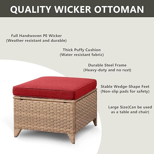 Miniatura 10 de Otomanas otomanas de mimbre para exteriores, juego de 2 reposapiés de ratán para exteriores, otomanas para patio con cojines gruesos (gris