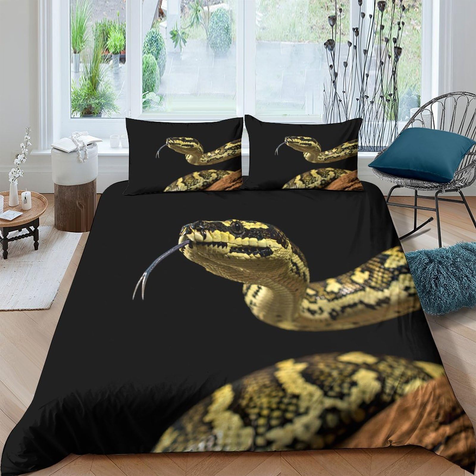 GPLZQXKJNH 3D Printed Golden Snake Duvet Cover Set Microfiber Soft Breathable Serpent Quilt Cover with 2 Pillowcases for Bedroom Decor Single（135x200cm）