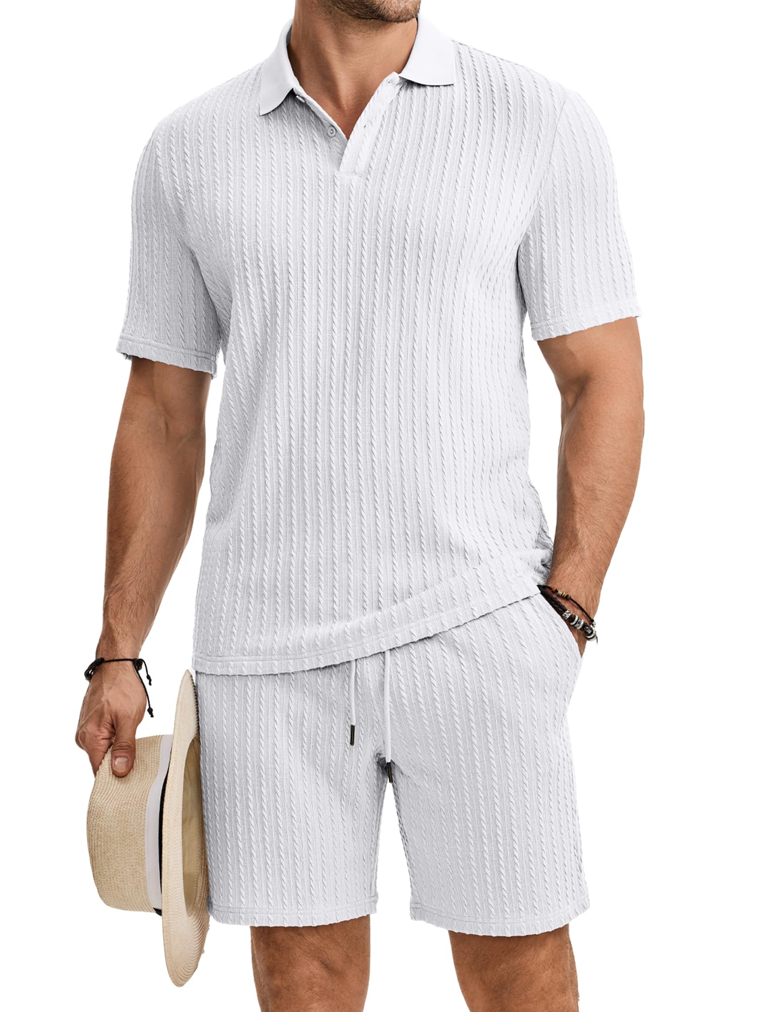 JMIERR Herren Jogginganzug Set Sommer Strick Einfarbig, | 2 Teiliges,Textur Poloshirts Kurzarm,Einfarbig Strick,Kurze Hose mit Elastischer Taille,Old money,Baggy,Freizeit und Alltag
