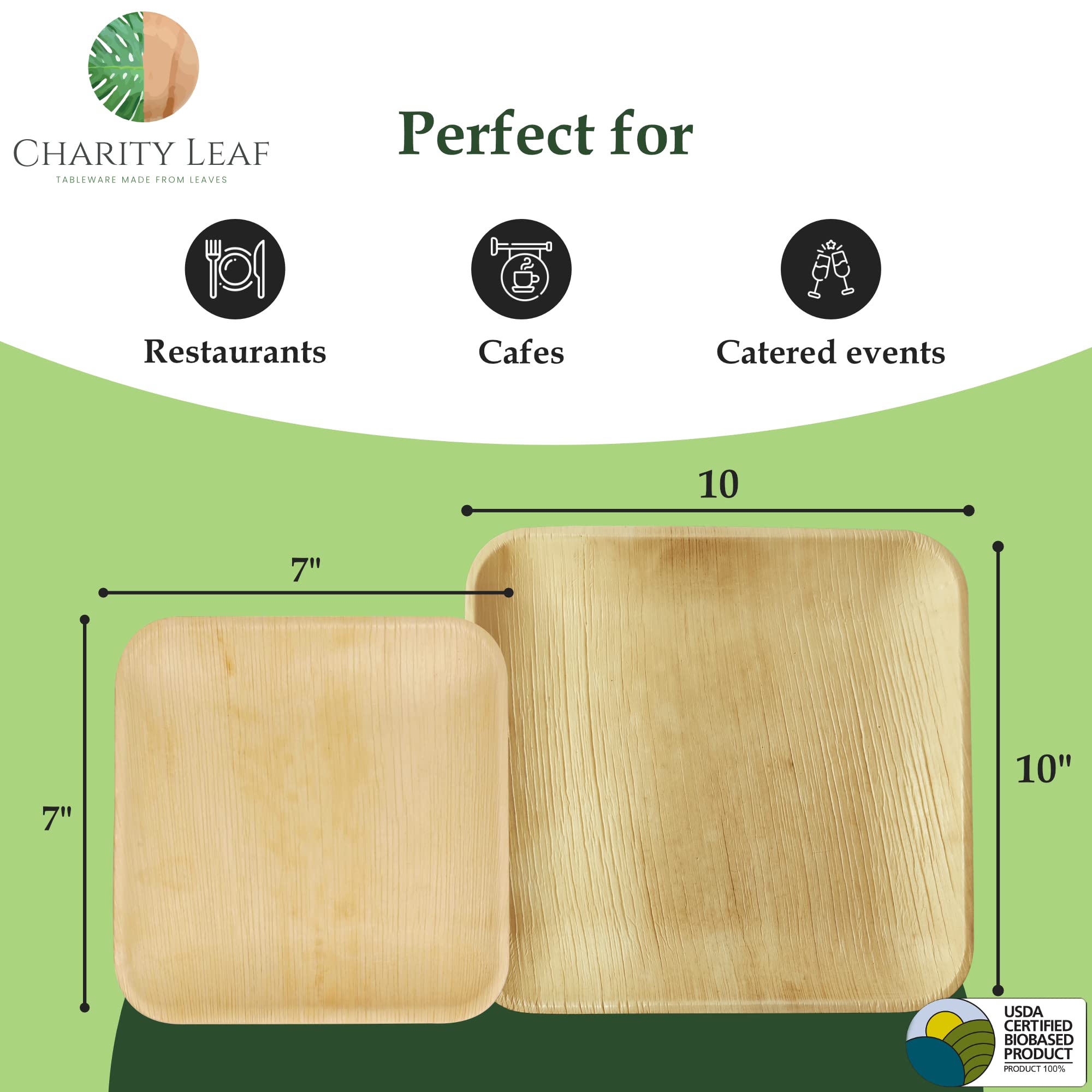 Charity Leaf - Juego de Platos Desechables de Hoja de Palma como Platos Cuadrados de bambú | Bodas, Tablas de Embutidos, barbacoas y Fiestas | 10 Cuadrados (25 Platos) y 7 Cuadrados (25 Platos)