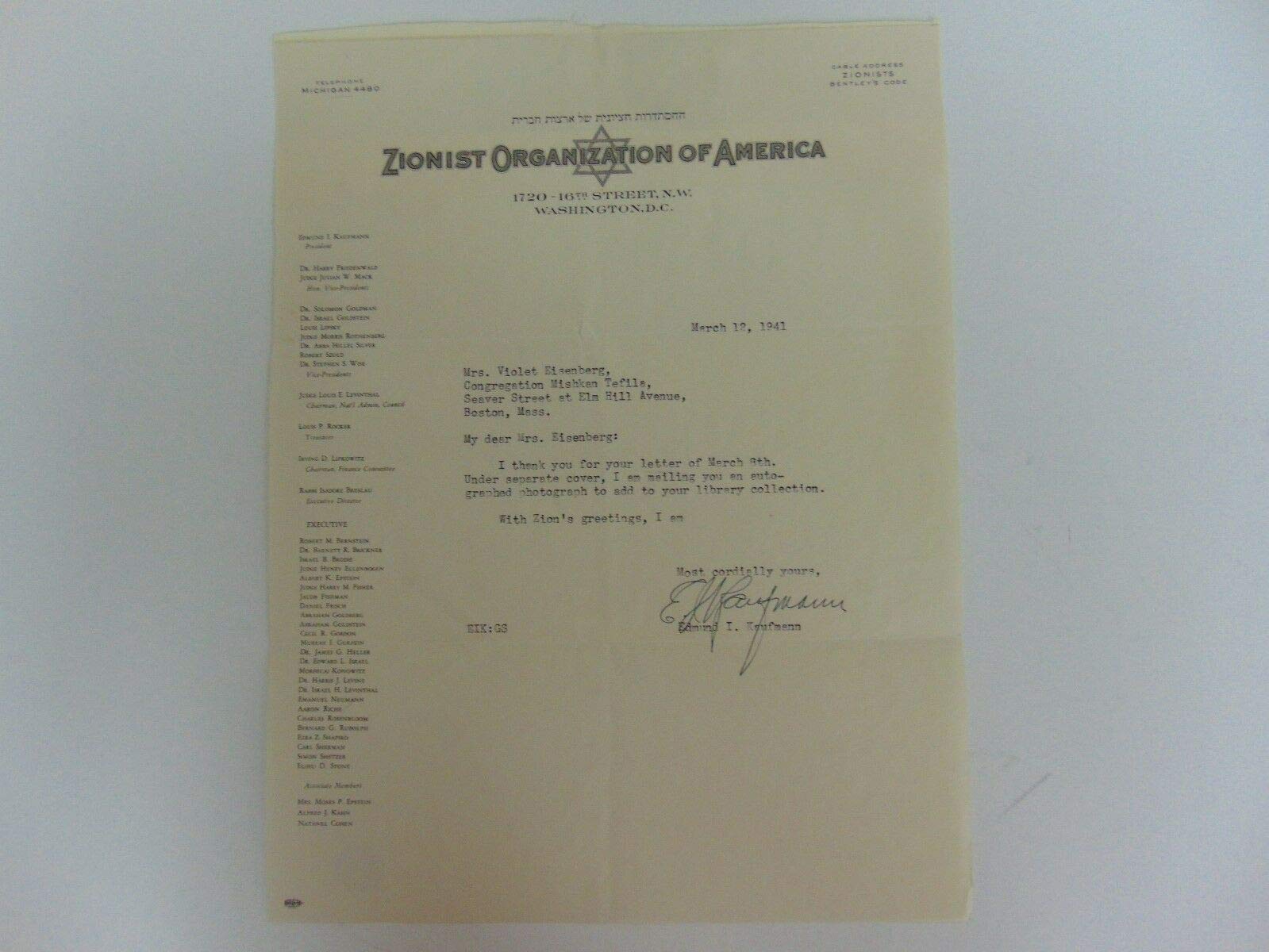 "Zionist Organization of America" Edmund Kaufmann Signed TLS Todd Mueller COA