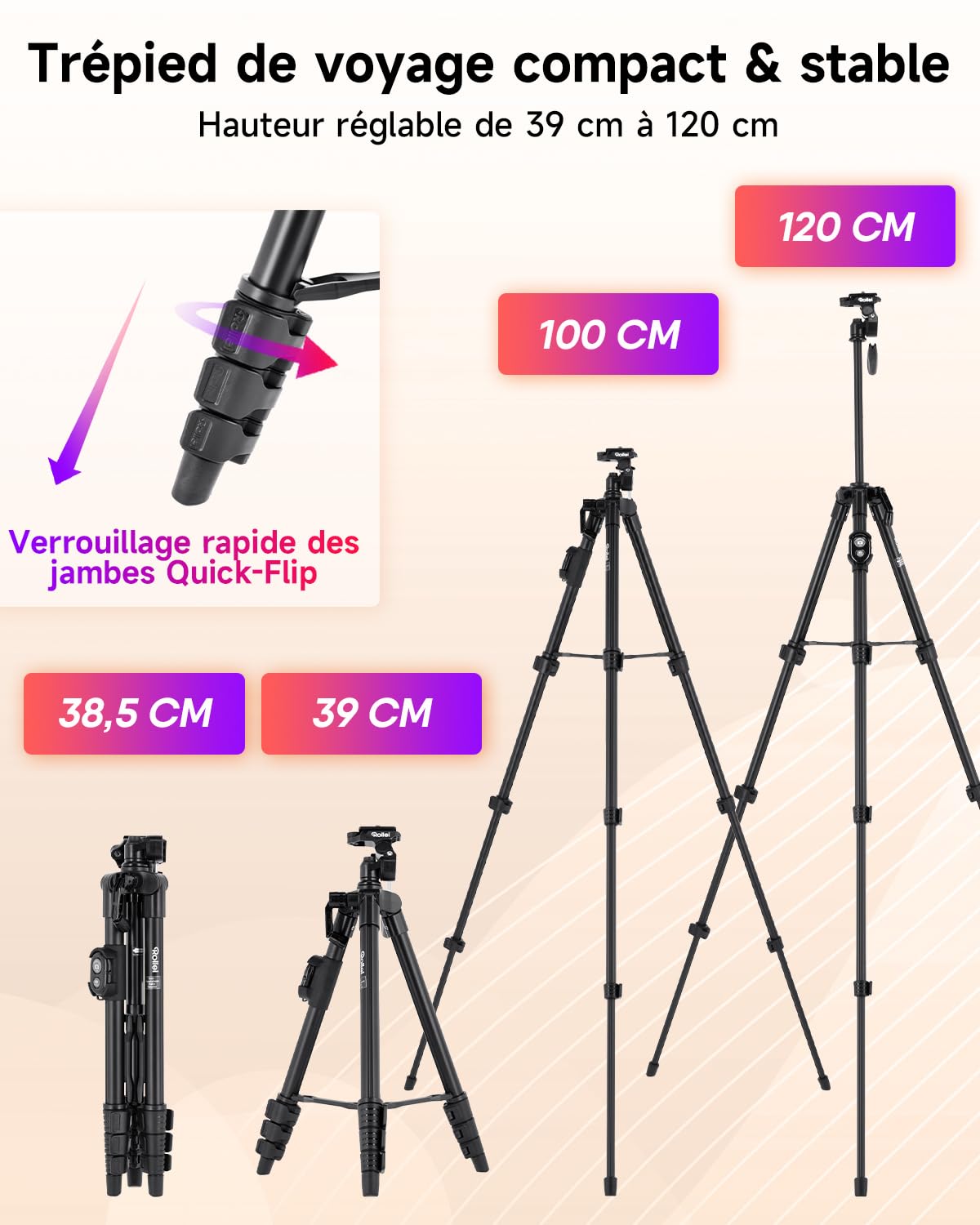Rollei Trepied Smartphone Traveler, Trépied Telephone Portable avec Telecommande Bluetooth Android & iOS 120cm Tripod pour Téléphone Léger Noir avec Support Smartphone pour iPhone Huawei Samsung