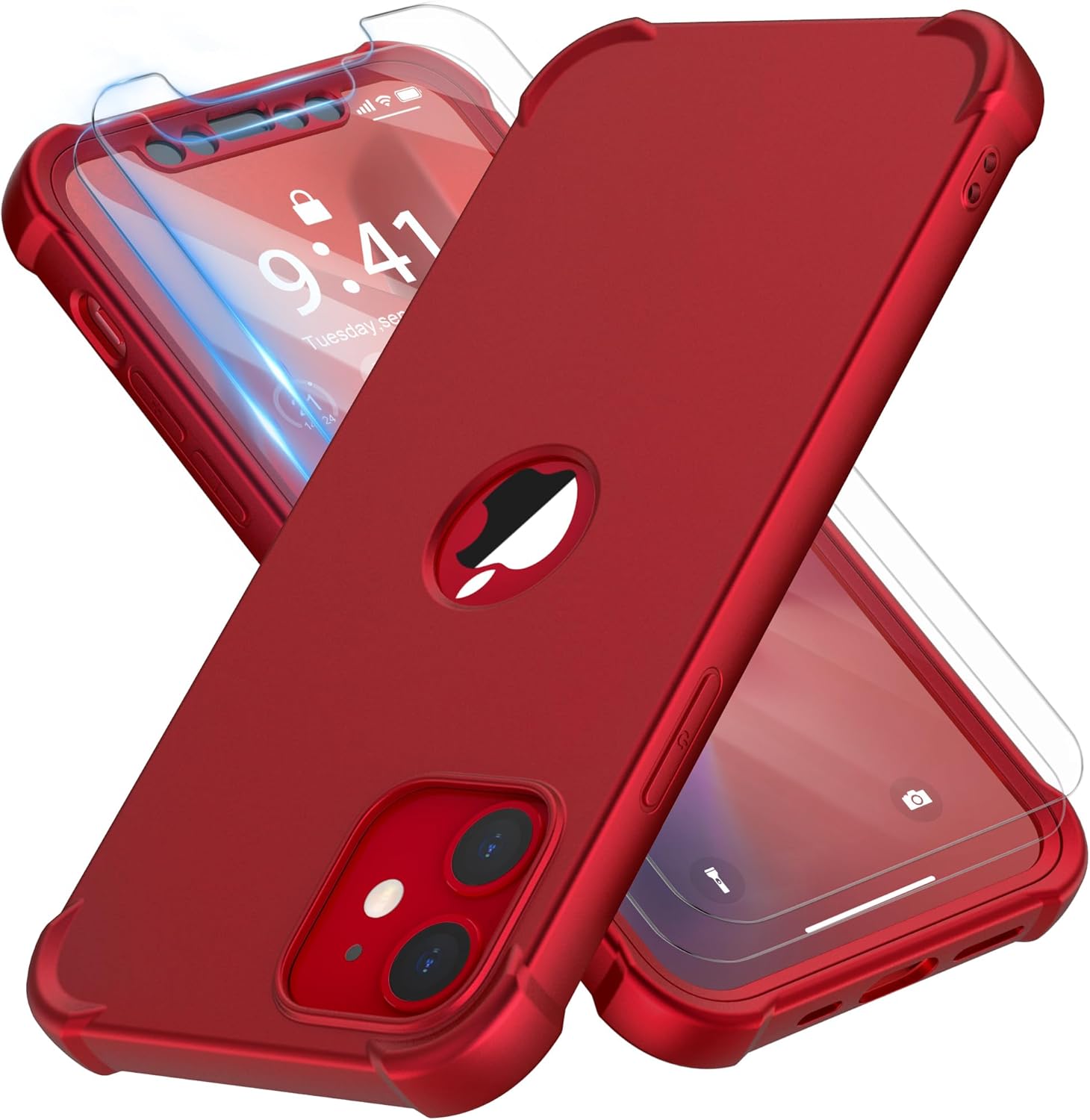 ORETech Compatible with iPhone 12 Mini Case with 2 Pack Tempered Glass Screen Protector,Shockproof Soft Silicone Back Case Hard PC Front Frame Cover for iPhone 12 Mini Thin Case (2020) 5.4 inch,Red