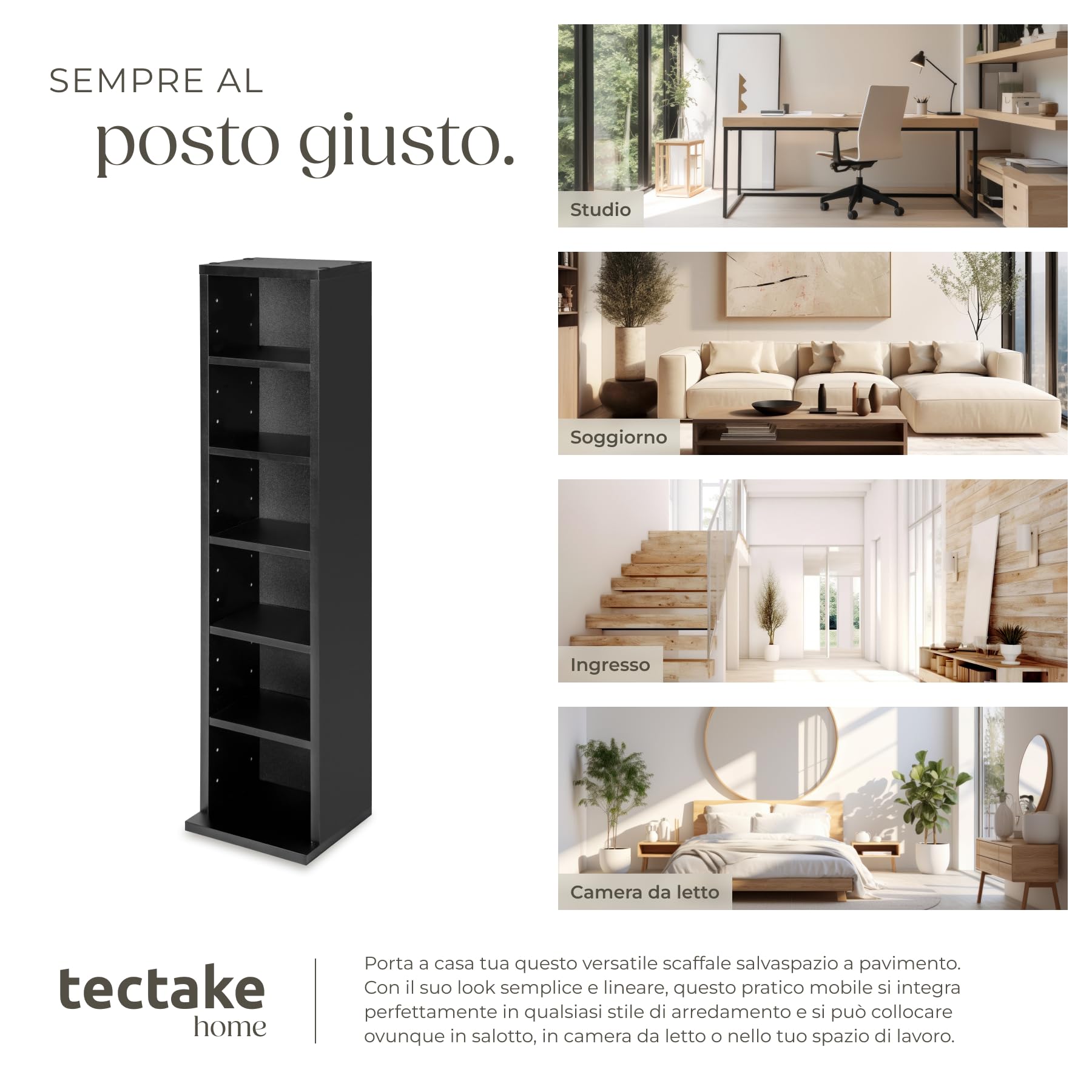 Tectake Scaffale Porta CD DVD 102 CD 6 Piani MDF Rivestimento Plastico 90x21x20 cm Nero