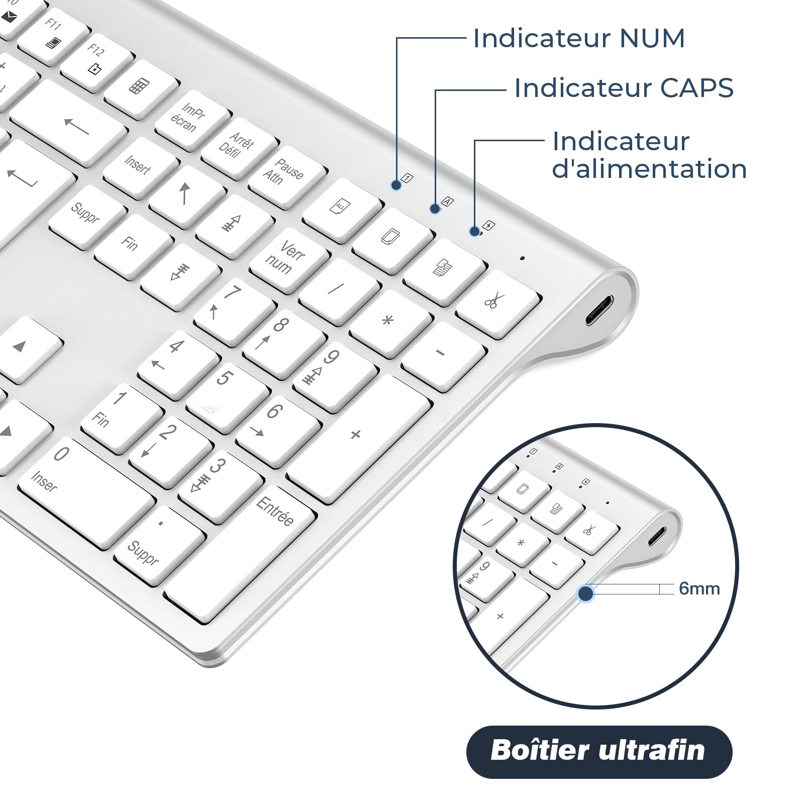 cimetech Clavier sans Fil Rechargeable, Connexion 2.4Ghz, Clavier Silencieux, Ultra-Fin, AZERTY Français, avec Pavé Numérique, pour MacOS/iOS/Android/Windows/PC/Ordinateur/Portable-Blanc Argent