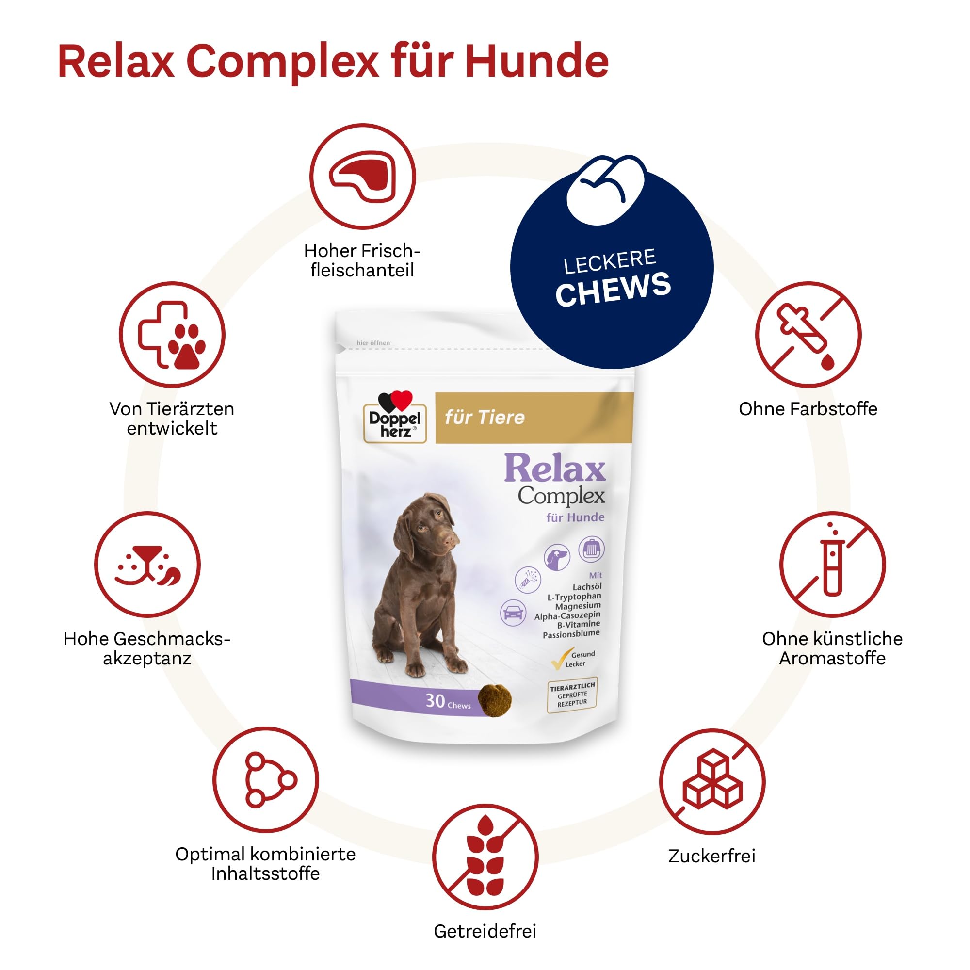 Doppelherz Relax Complex für Hunde - Mit Alpha-Casozepin, L-Tryptophan und Passionsblume - Unterstützung für das mentale Wohlbefinden - 60 Chews