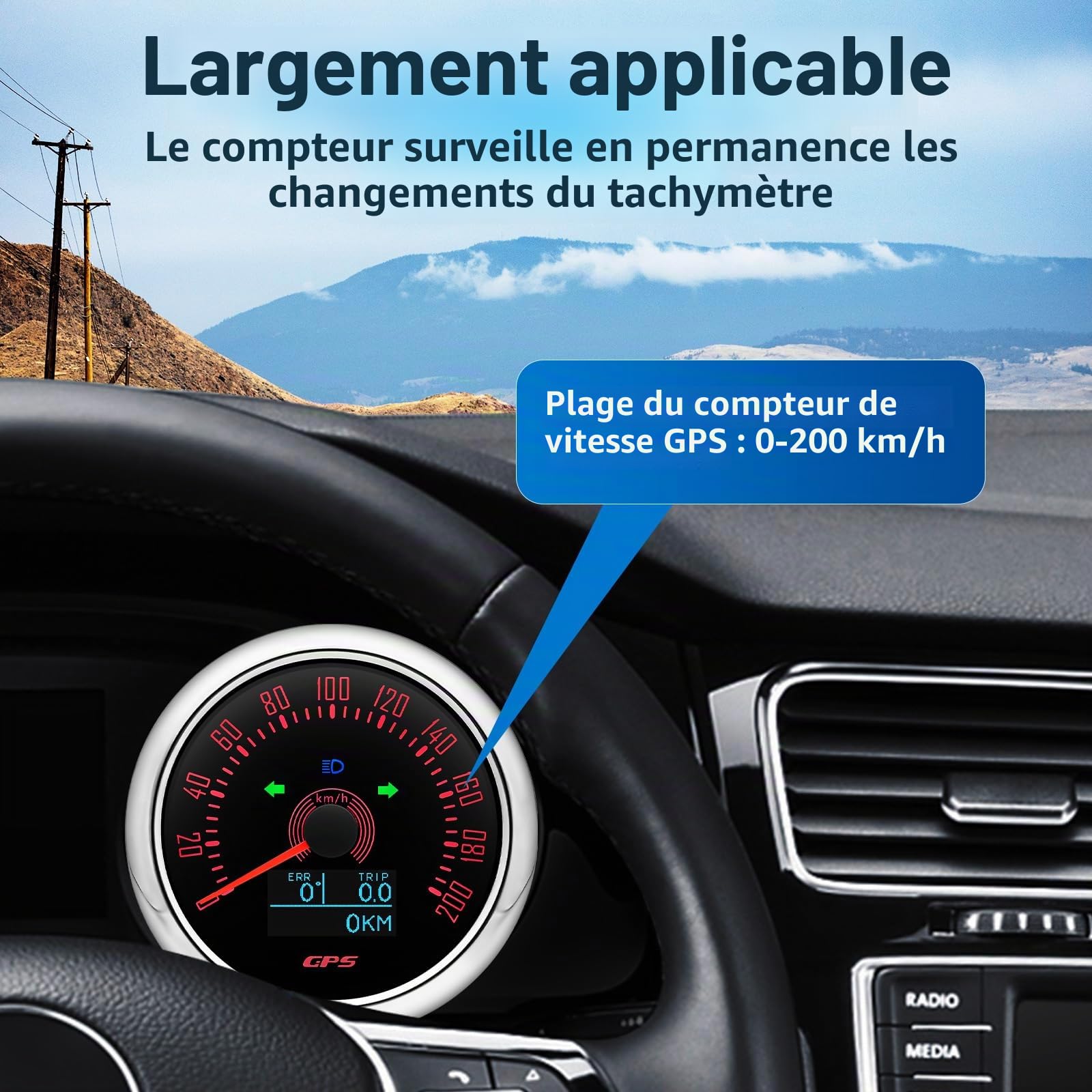 Compteur de vitesse GPS 85 mm 0-200 km/h étanche avec COG voyage kilomètre total pour voiture, camion, moto, 7 couleurs, rétroéclairage 9-32 V