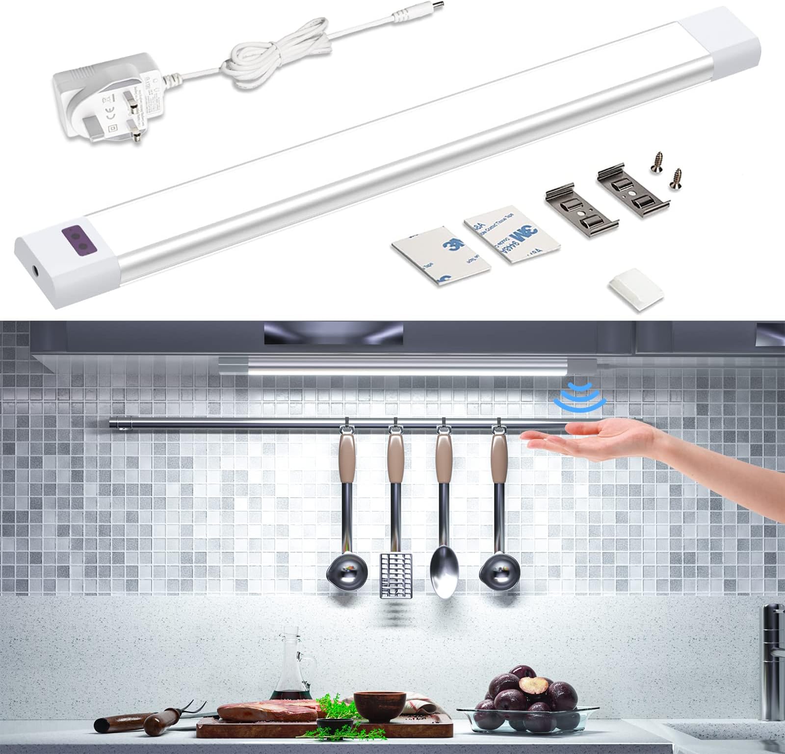 WOBANE Under Counter Lighting,Touchless Hand Wave Activated,Under Desk Light Bar,30cm Dimmable Panel,Super Bright Aluminum Lights for Kitchen,Cabinet,Shelf,Cupboard,Closet,Workbench,White 6000K