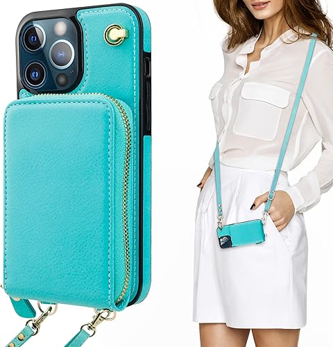 KIHUWEY Funda tipo cartera cruzada para iPhone 13 Pro Max, funda con bolsillo con cremallera y soporte para tarjetas, funda protectora de piel