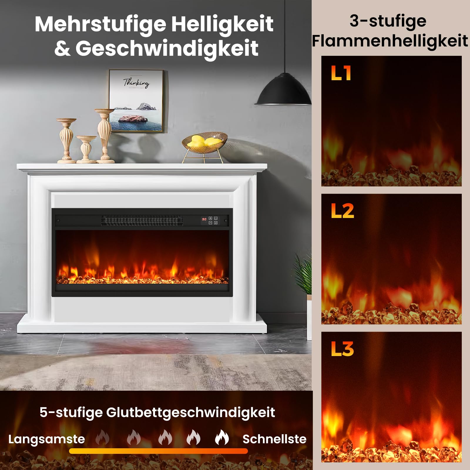 RELAX4LIFE 26" Elektrokamin mit heizung, schwebender Kamin mit LED-Ambientelicht & 3D-Flammeneffekt & Kristall-Glutbett, Deko Wandkamin mit Fernbedienung, 1500 W, 8 Flammenfarben, 9H-Timer, 17℃-32℃