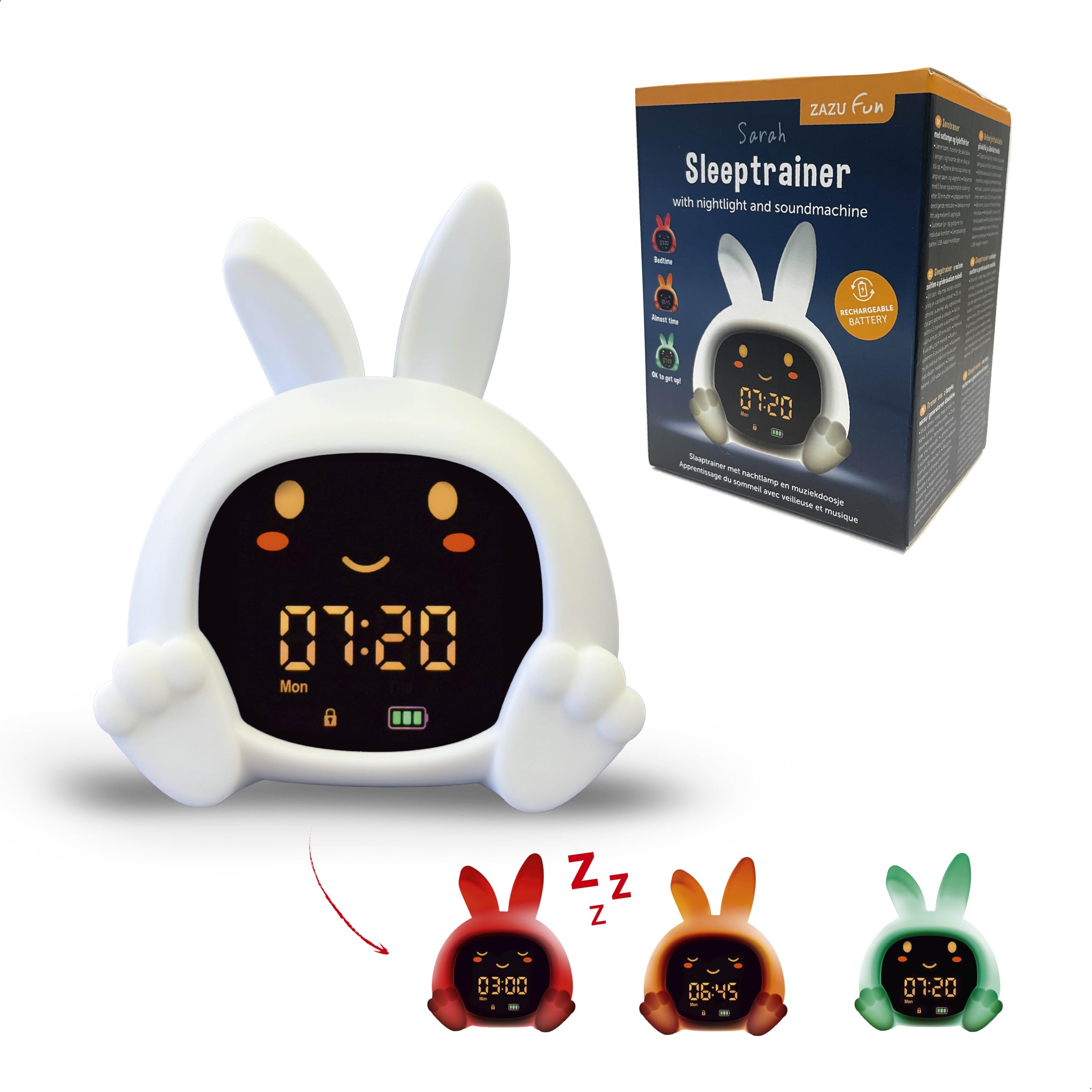ZAZU Sarah Sleeptrainer für Kinder – Nachtlicht (5 Farben), Soundmaschine, Wecker mit 6 Sounds, Augen öffnen/schließen, wiederaufladbar inkl. USB