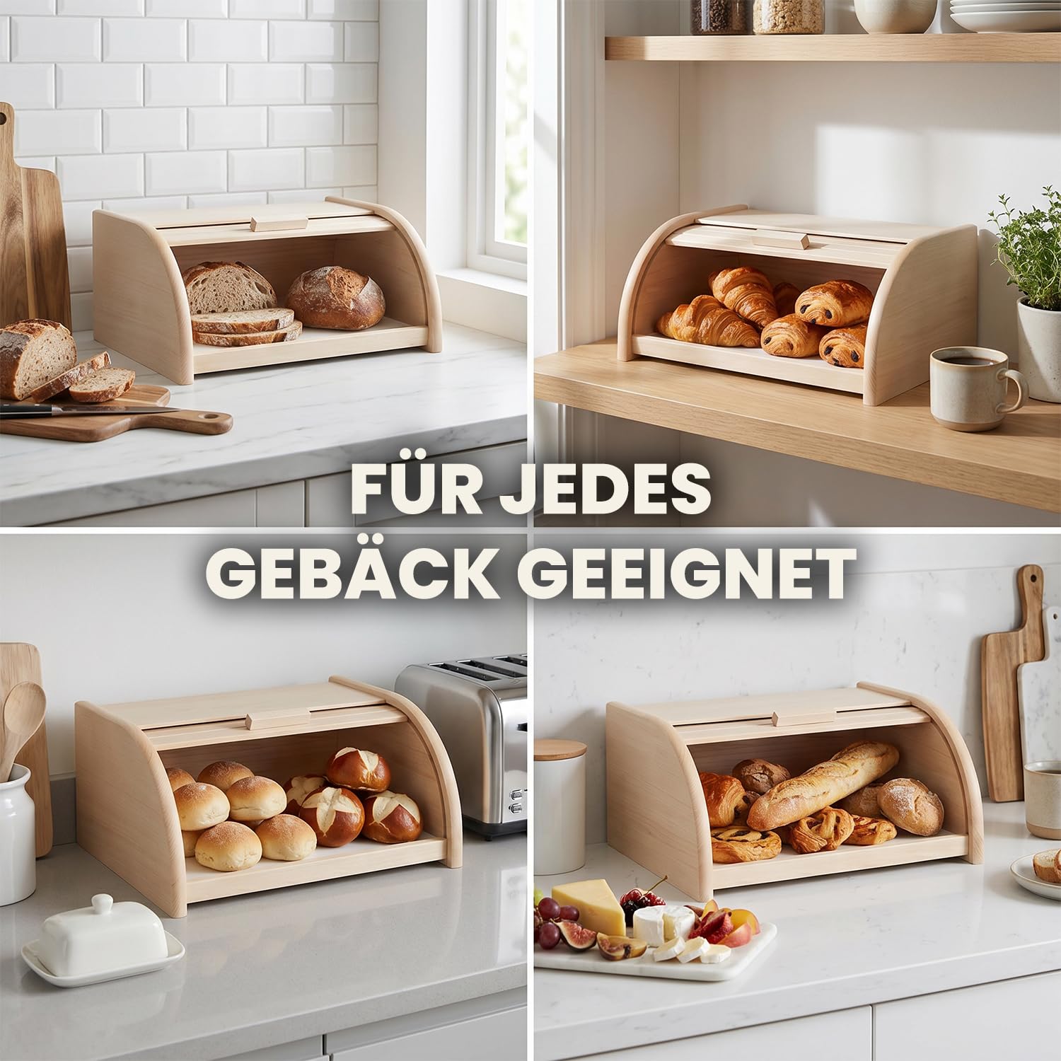 Brotkasten Holz XL mit großer Öffnung und Rolltop 39 x 29 x 17,5 cm | 39 x 29 x 17,5 cm, Naturbelassenes Buchenholz, Zeitloser Look, HDF Boden, Leichtgängiger Rolldeckel, Platzsparend