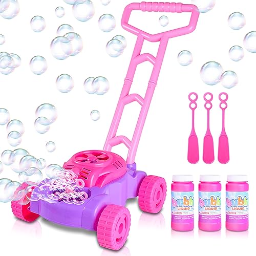 Miniatura 3 de ArtCreativity Cortacésped de burbujas rosa y morado y soplador de hojas de burbujas para niños pequeños, máquina de burbujas para exteriores,