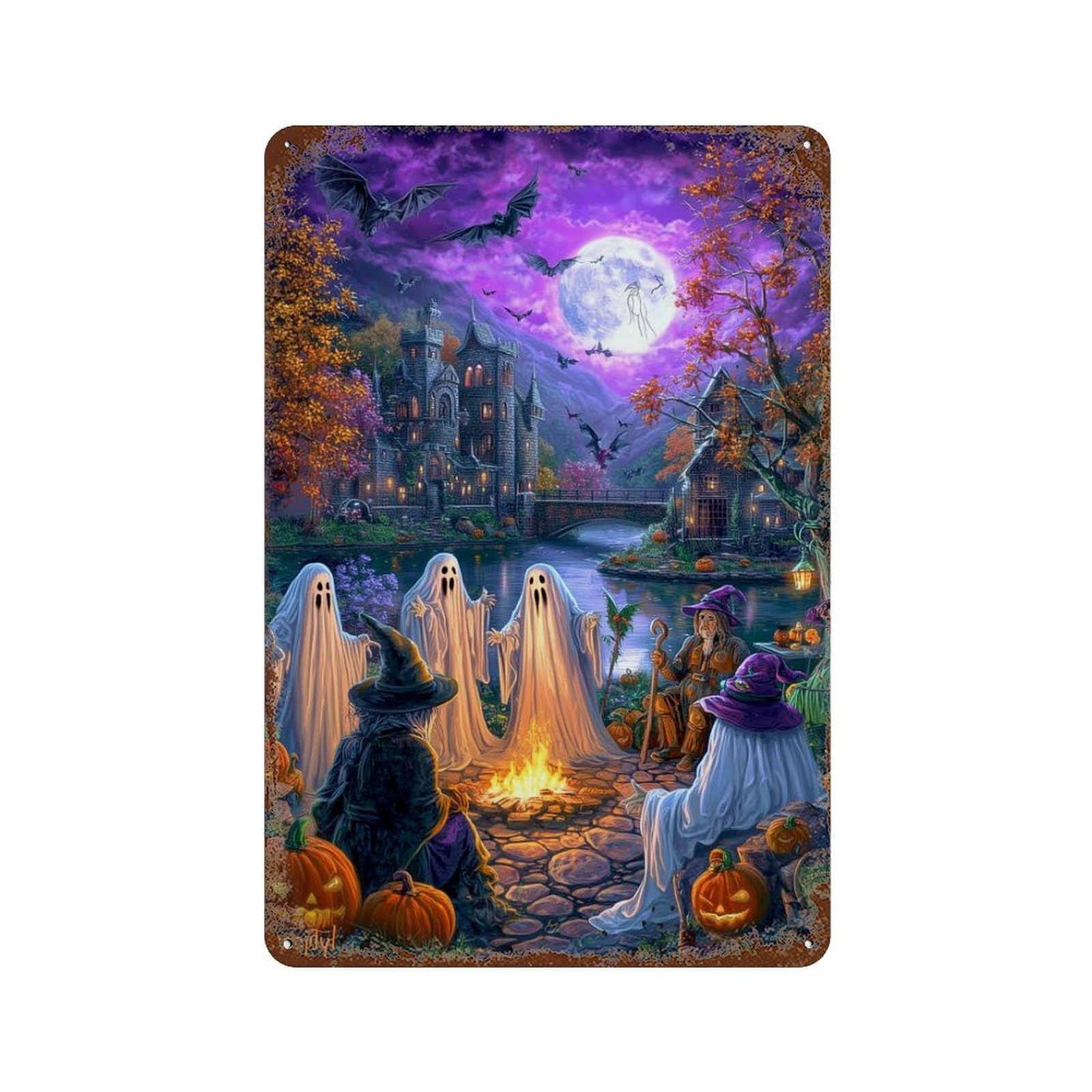 Halloween Ghosts And Witches Scene Retro Metal Sign 11.8"x7.9", Classic Wall Plaque for Basement, Hobby Room And Garage Decor