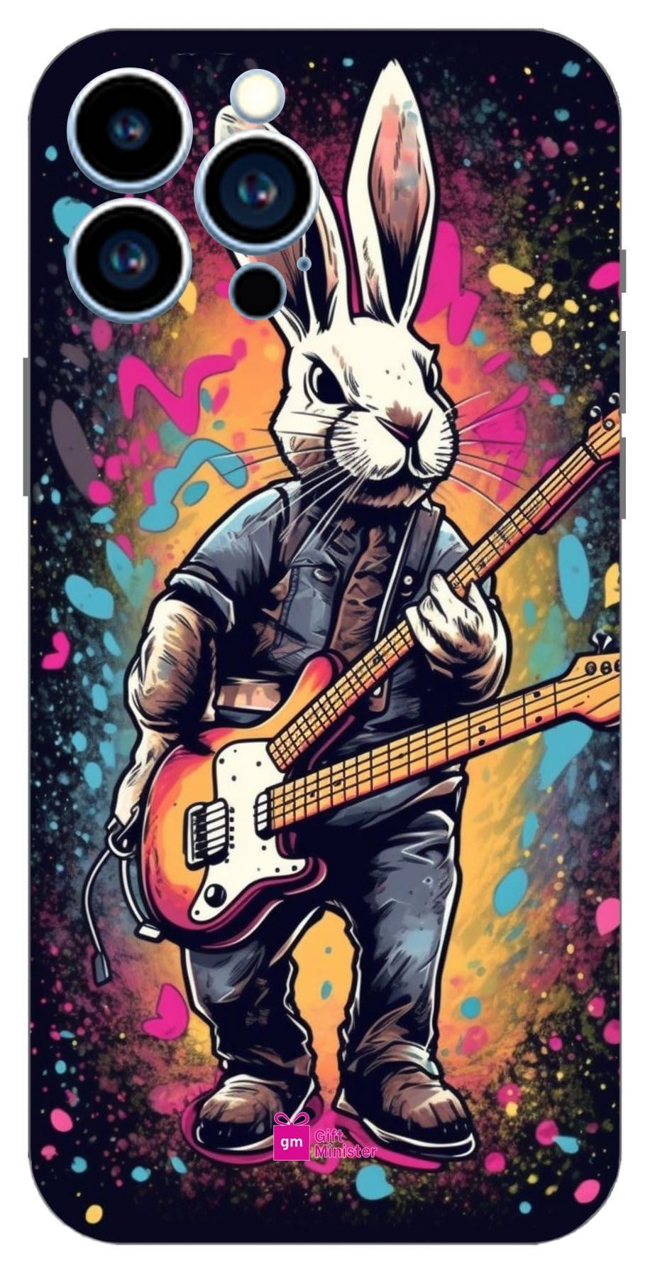 Gift Minister Hard Designer Mobile Case for Apple iPhone 13 Pro Max Back Cover Olive - Cartoonish Rabbit Groove Playing Guitar Stage Rockstar Shouting Loudly Doodle Art Flowers Bright 1Pcs 1701K