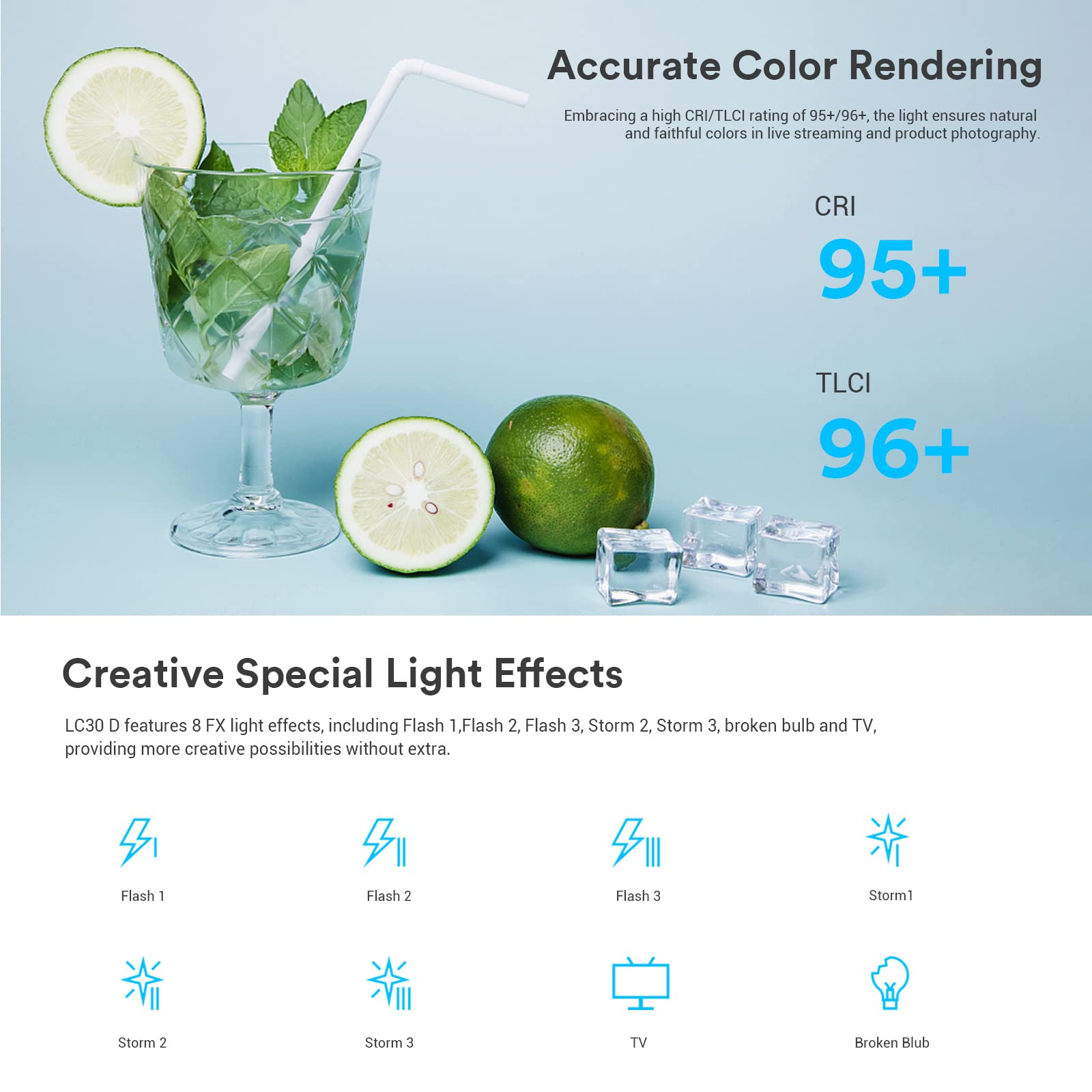 GODOX LC30D Litemons Flat 5600K LED Light, 35800 Lux at 0.5M, cri 95 + / tlcl 96 +, 8 presets Light Effects