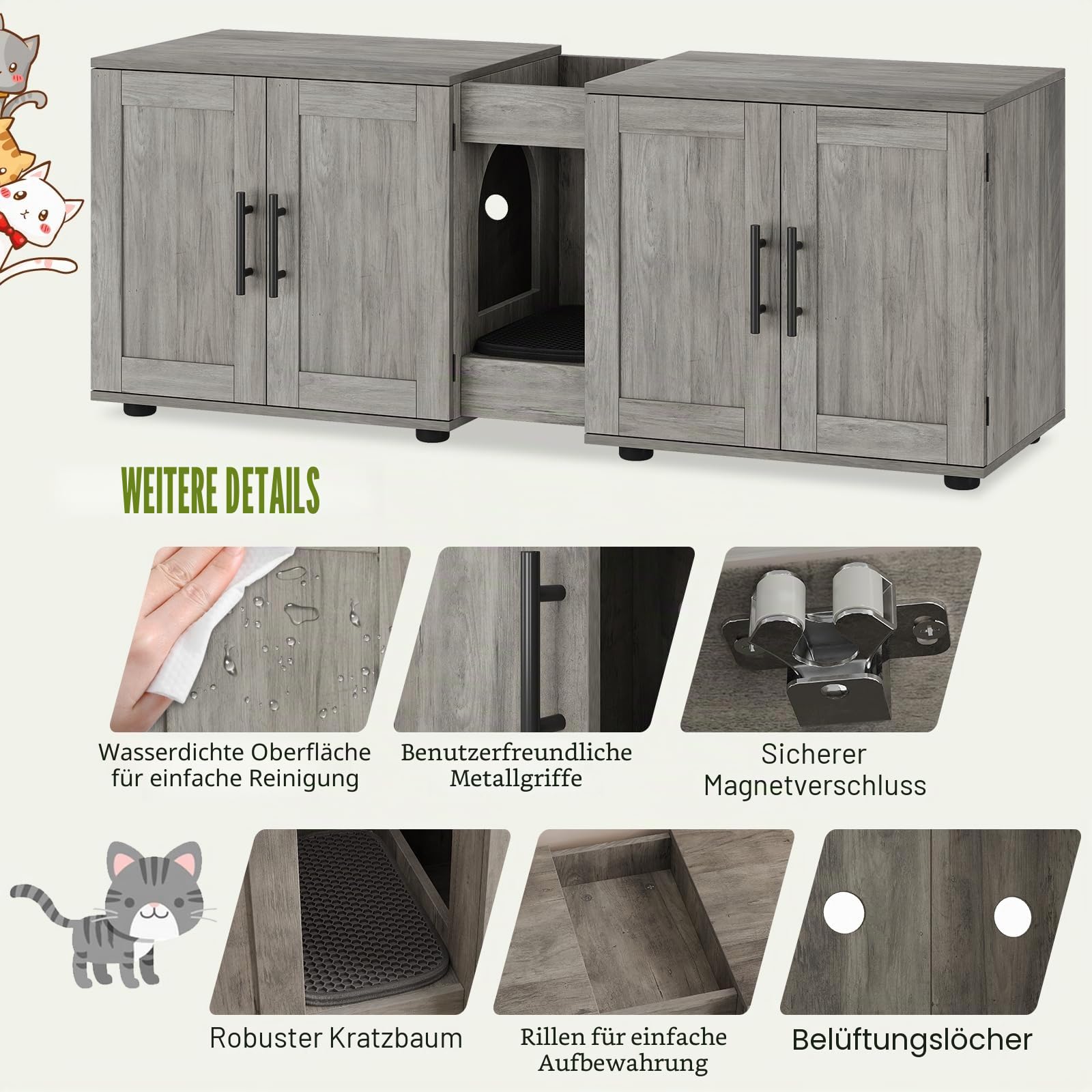 Katzenklo-Schrank, Katzenschrank, 3 in 1 Versteckter Katzentoilette Mit Tür Trennwand Kratzmatte, Katzenhaus Für Große Katzen Unter 10 kg, MDF, Wohnzimmer, Schlafzimmer, 140x45x57cm, Grau