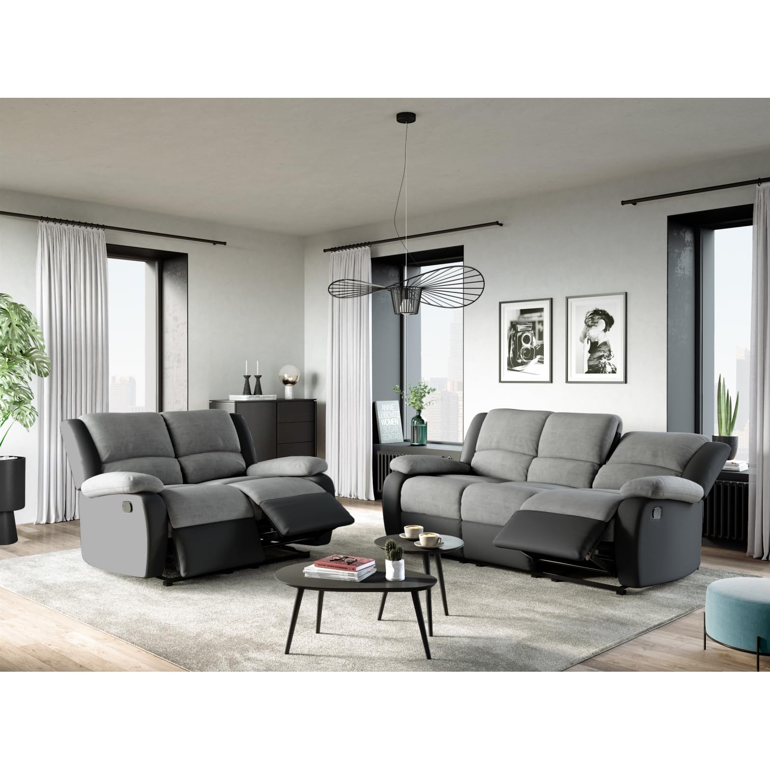 LOUNGITUDE - DETENTE - Canapé de relaxation - Manuel - 3 Places - En Simili/Microfibre - Gris/Noir -L193cm