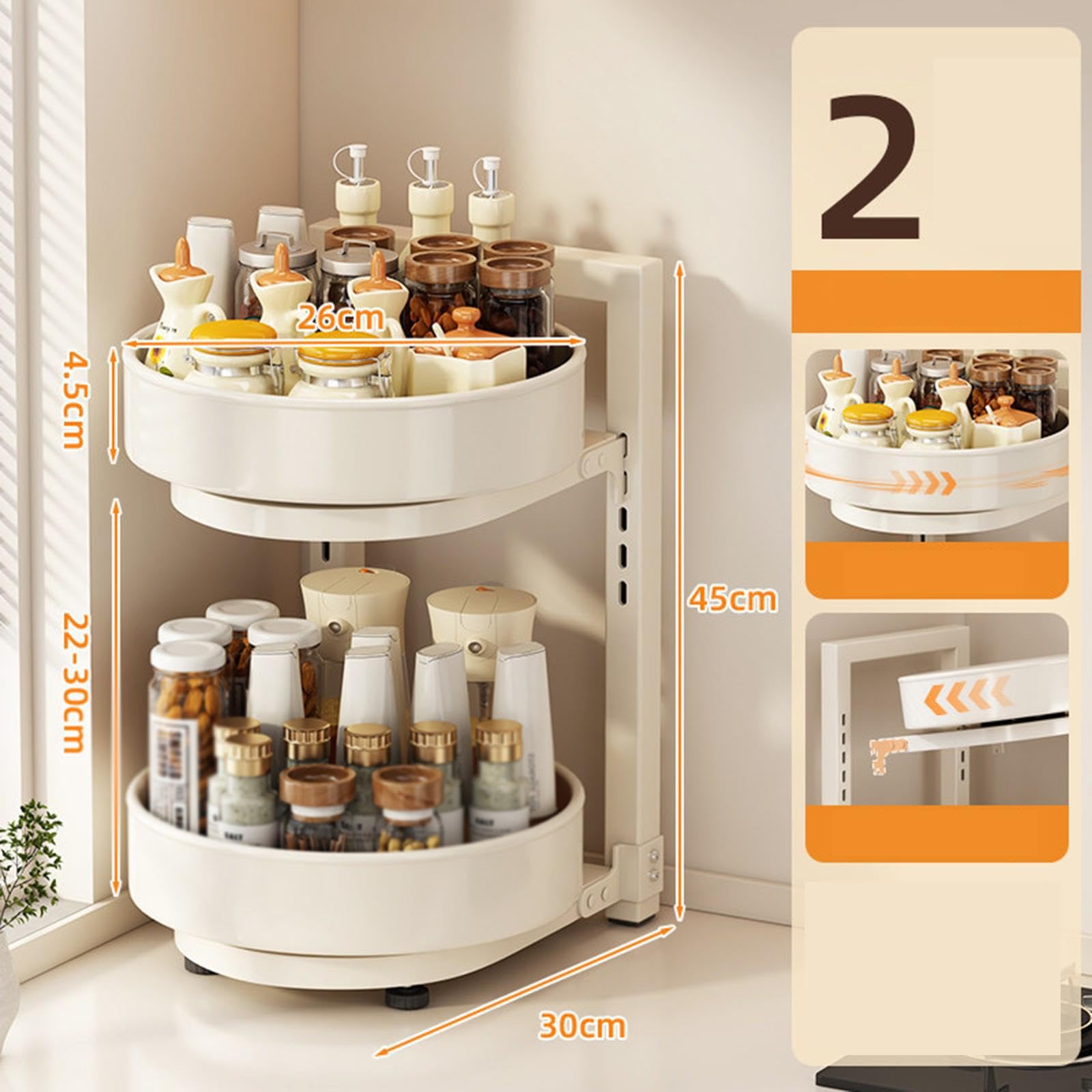 Portaspezie Organizer Ripiano Cucina Scaffale Contenitore Ferro Resistente Vassoi Portaoggetti Accessori Adatto per Cucina Sala da Pranzo, Bianco, 2 Strati