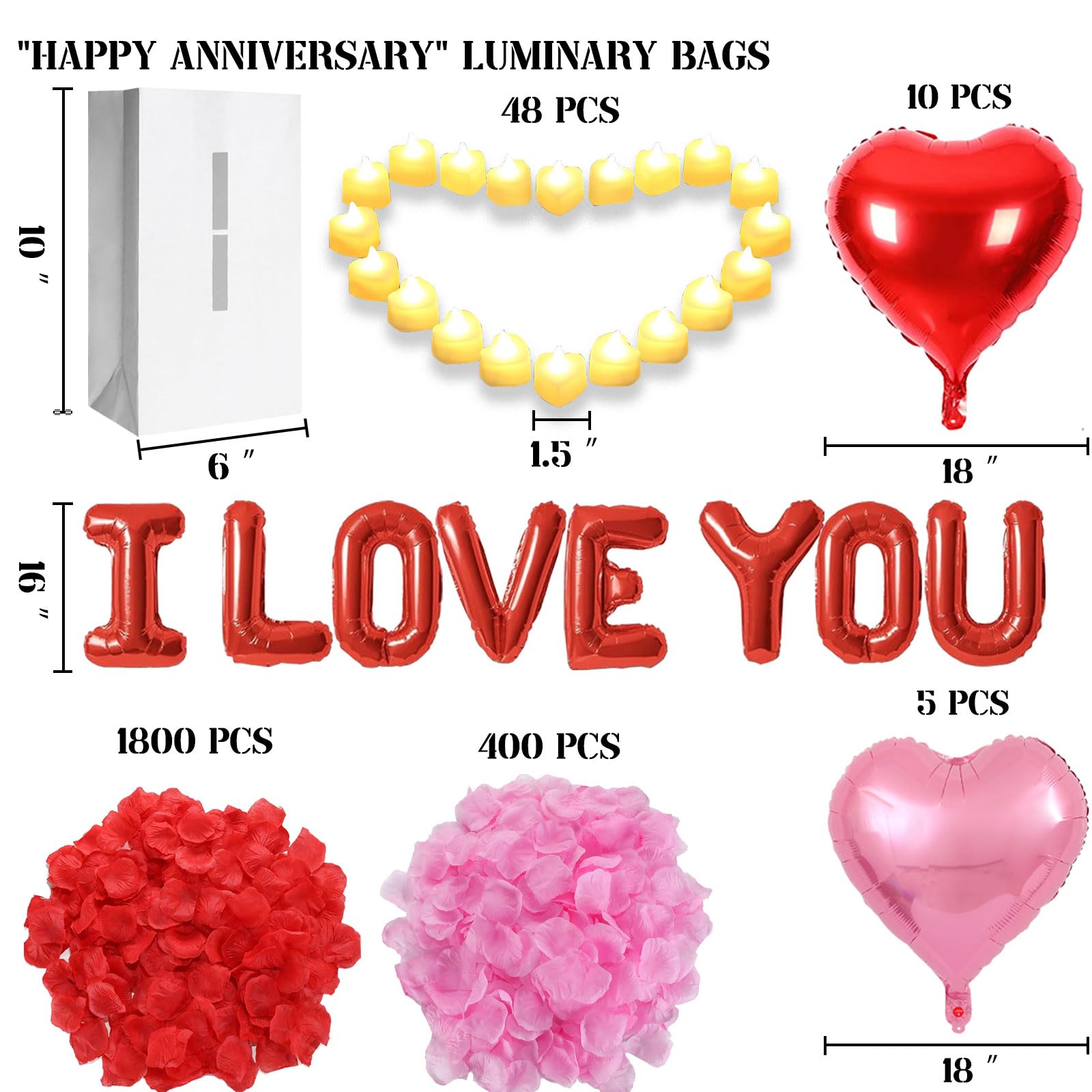 Happy Anniversary podświetlane litery znak 16 szt. oprawy papierowe torby 2000 szt. czerwone różowe płatki róży 48 szt. bezpłomieniowa świeca LED tealight 10 szt. balonów w kształcie serca romantyczna