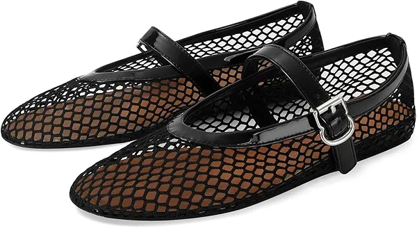 MICIFA Women's Mesh Ballet Flats Fishnet Ballerina Flats Buckle Strap Mary Jane Shoes Causal Daily Dress Shoes