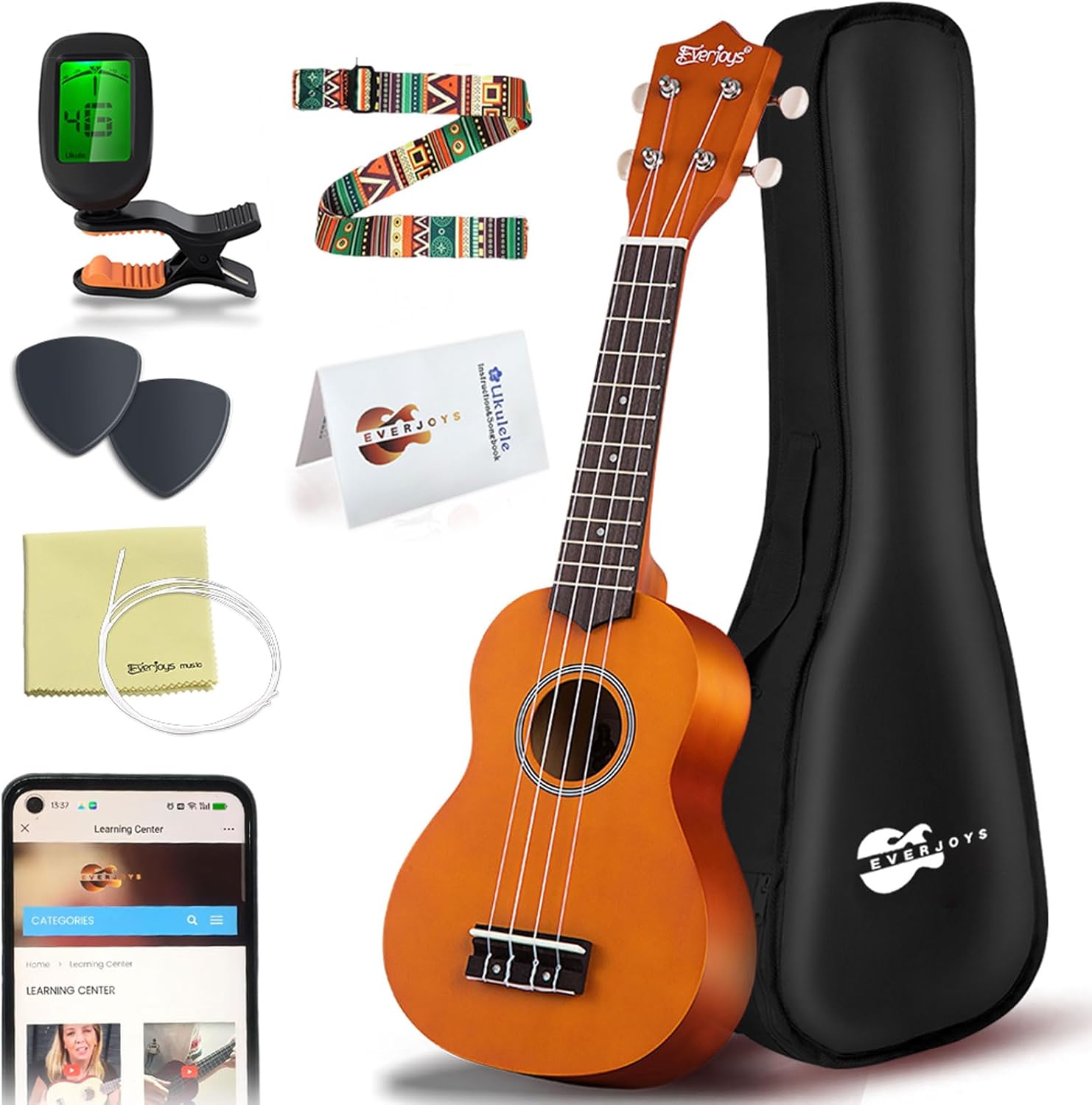 Everjoys Soprano Ukulele Beginner Pack-21 Inch w/Free Online Lesson Gig Bag Fast Learn Songbook Digital Tuner Pick All in One Kit
